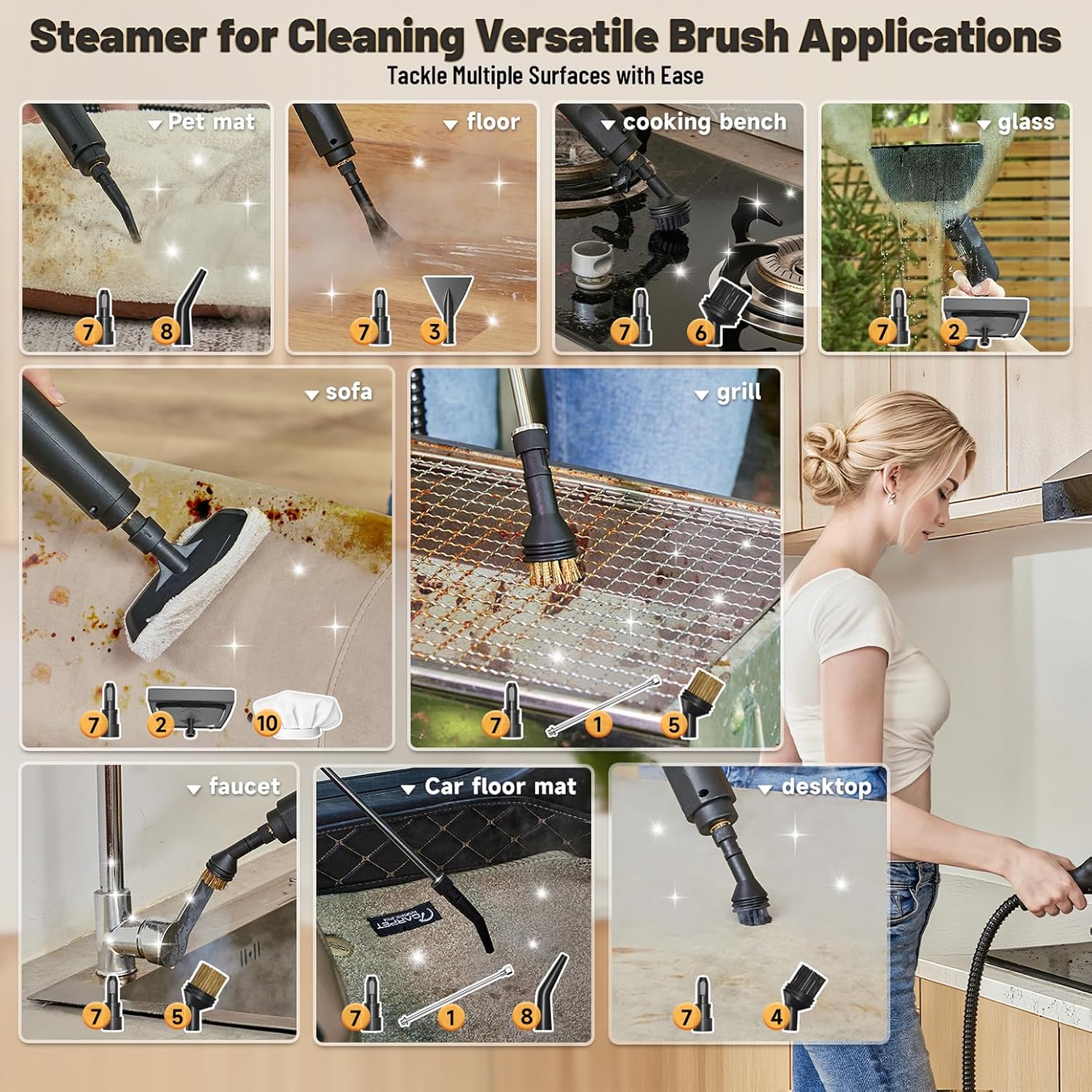 Gautye Steam Cleaner, 3 Level Adjustable Handle, 15s Heat Up, 1.69 Quarts Tank, Portable Steamer for Cleaning with 15 pcs Accessories, Steam Cleaner for Home for Dirt, Grease, Grout, Tile,Floor, Car