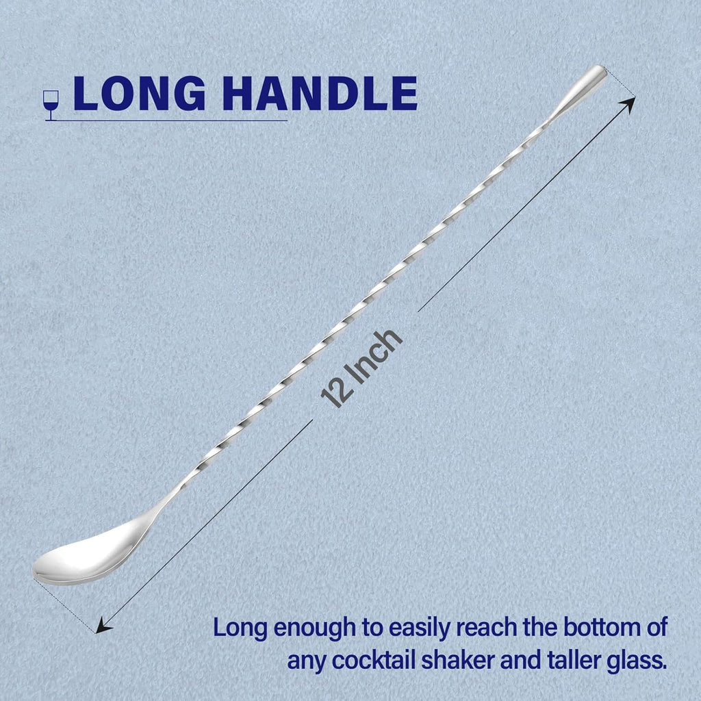 Briout Bar Spoon Cocktail Mixing Stirrers for Drink, Stainless Steel 12 Inches Long Handle, Silver 2 Pieces