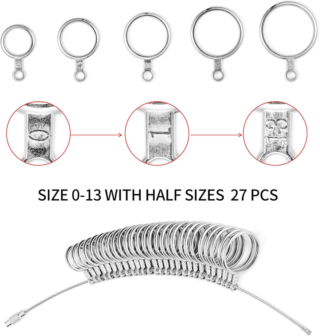 Bflaae Ring Sizer Measuring Tool Kit, 27 PCS Stainless Steel Measuring Ring Tool, US Ring Size 0-13 with Half Size, 2 PCS Reusable Finger Size Tape with Magnified Glass 1-17 USA Rings Size