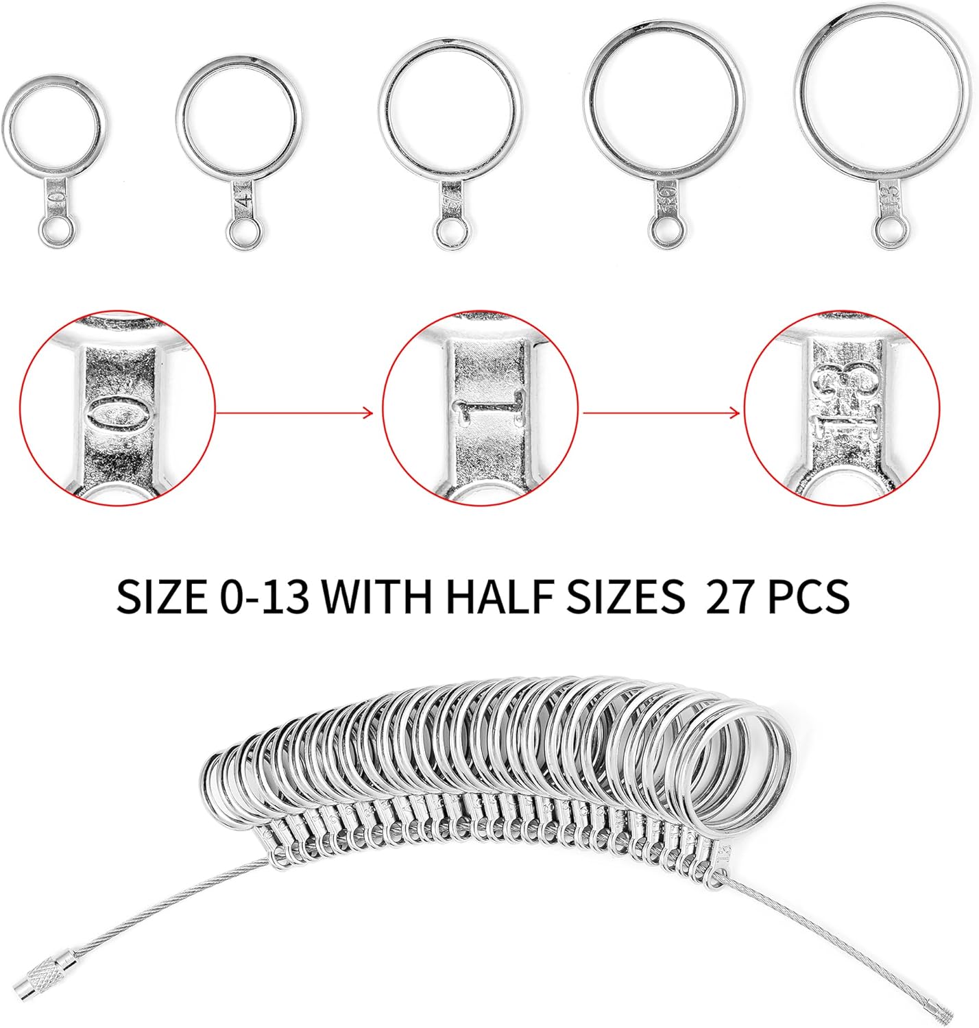 Bflaae Ring Sizer Measuring Tool Kit, 27 PCS Stainless Steel Measuring Ring Tool, US Ring Size 0-13 with Half Size, 2 PCS Reusable Finger Size Tape with Magnified Glass 1-17 USA Rings Size