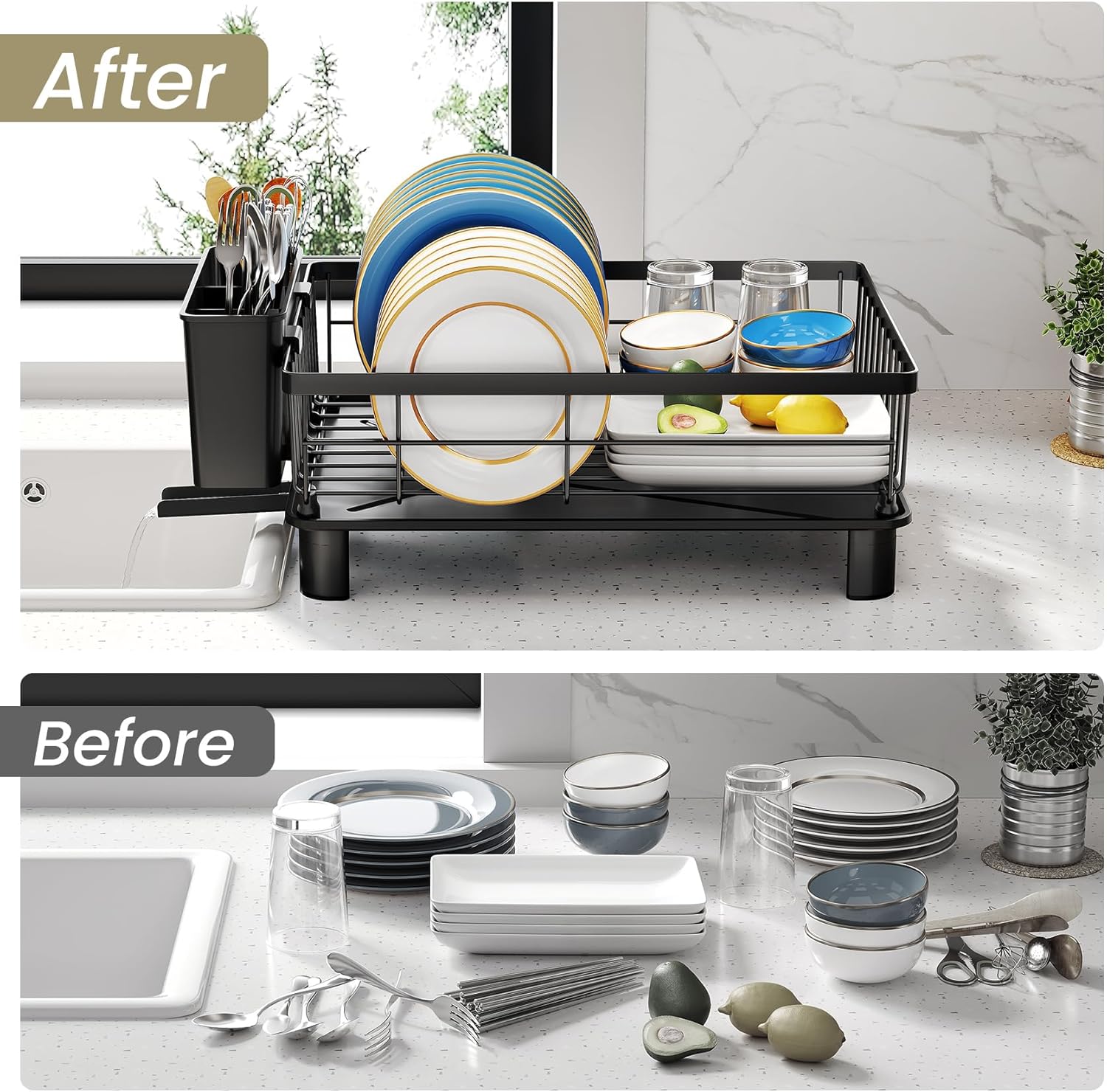 SNTD Dish Drying Rack - Space-Saving Dish Rack for Kitchen Counter, Stainless Steel Dish Drainer with Utensil Holder and Drainboard, 11" W x 15" L (Black)