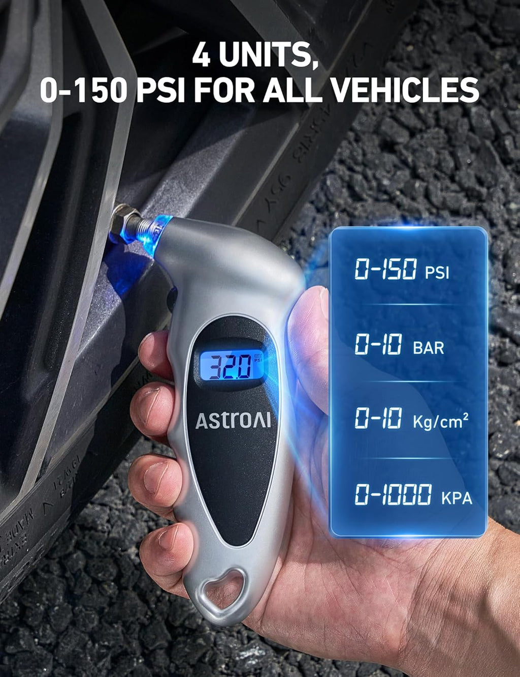 AstroAI Digital Tire Pressure Gauge 0-150PSI Calibrated to ANSI B40.7 +/-1PSI, Accurate in 0.1 Increments, 4 Pressure Measurements for Car Truck Bicycle with Backlight LCD, Silver