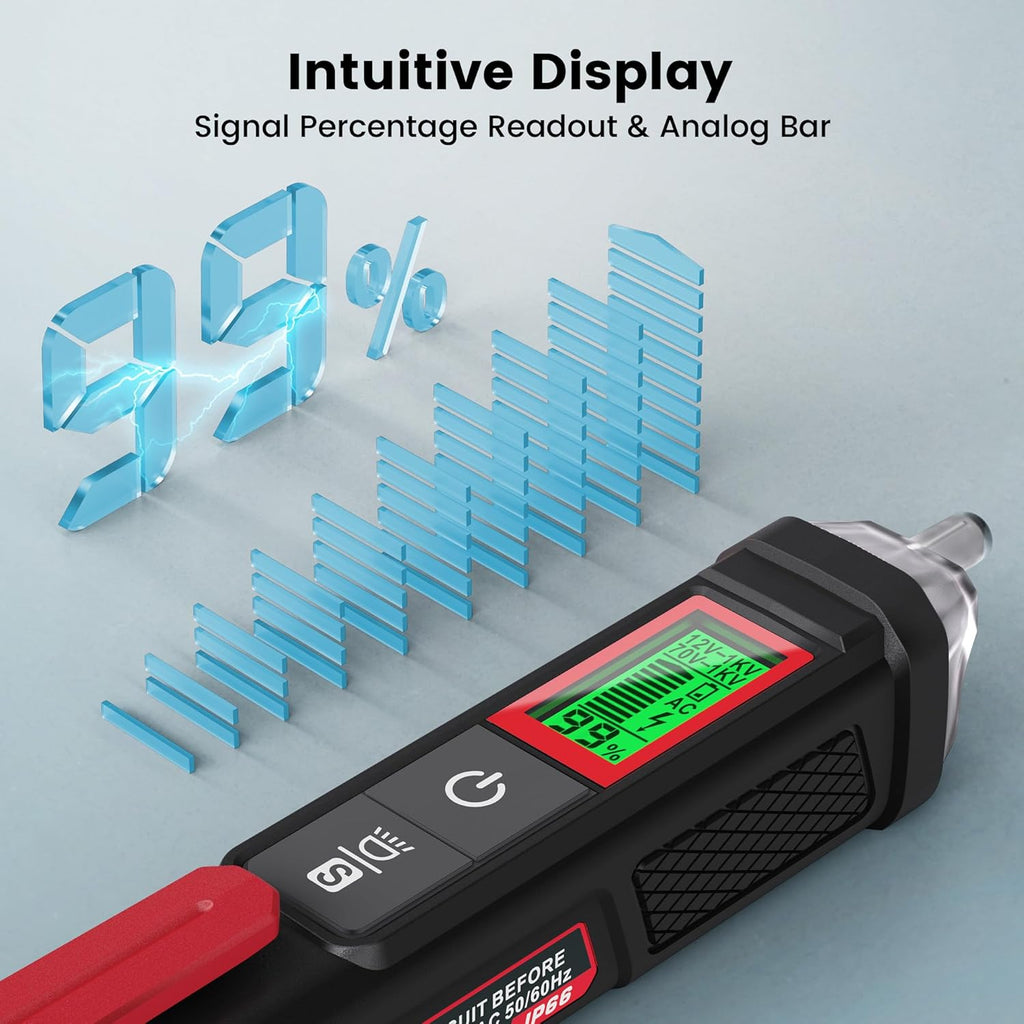 KAIWEETS Voltage Tester/Non-Contact Voltage Tester with Signal Percentage, Dual Range AC 12V/70V-1000V, Live/Null Wire Tester, Electrical Tester with LCD Display, Buzzer Alarm, Wire Breakpoint Finder