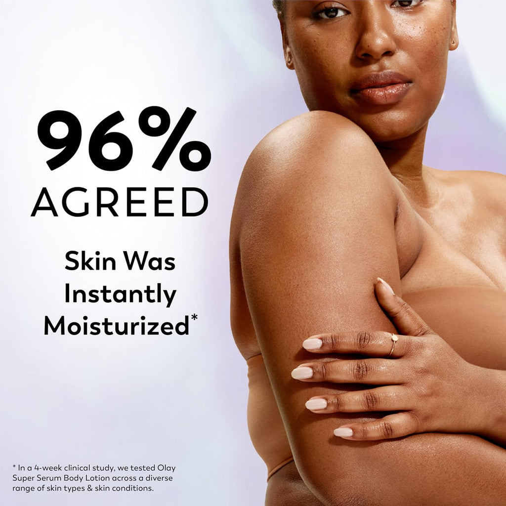 Olay Super Serum Hand & Body Lotion for Dry Skin, 24hr Long Lasting Hydration, 5+ Ingredient Complex for Bright Even Firm Luminous Skin, Sweet Vanilla & Soft Wood Scent, 18.5 fl oz