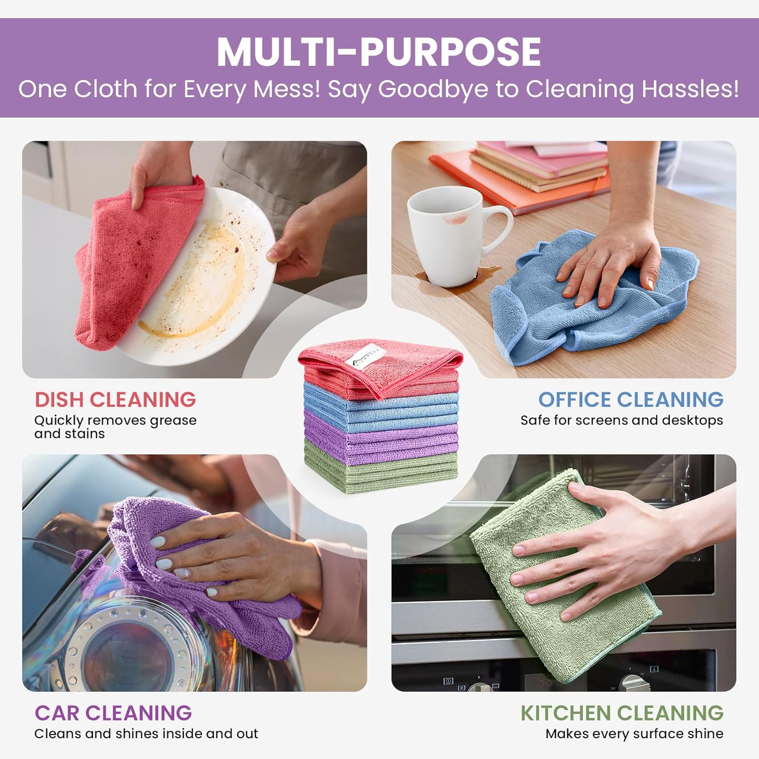 SIFANGKE Microfiber Cleaning Cloth, 12 Pack Assorted Color Cleaning Rags for Housekeeping, Colorful Reusable Microfiber Towels for Car, Kitchen, Bathroom and Household Cleaning Supplies, 11.8"X11.8"