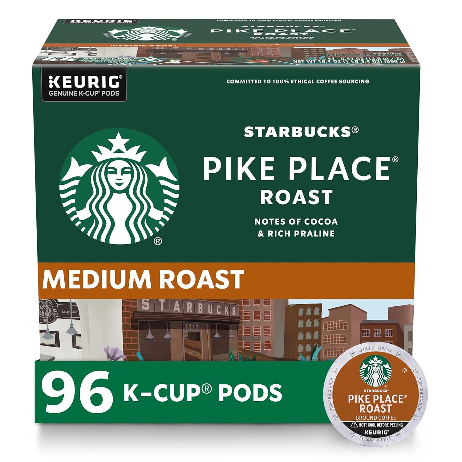 Starbucks K-Cup Coffee Pods, Medium Roast Hot or Iced Coffee, Pike Place Roast, 96 Keurig Pods