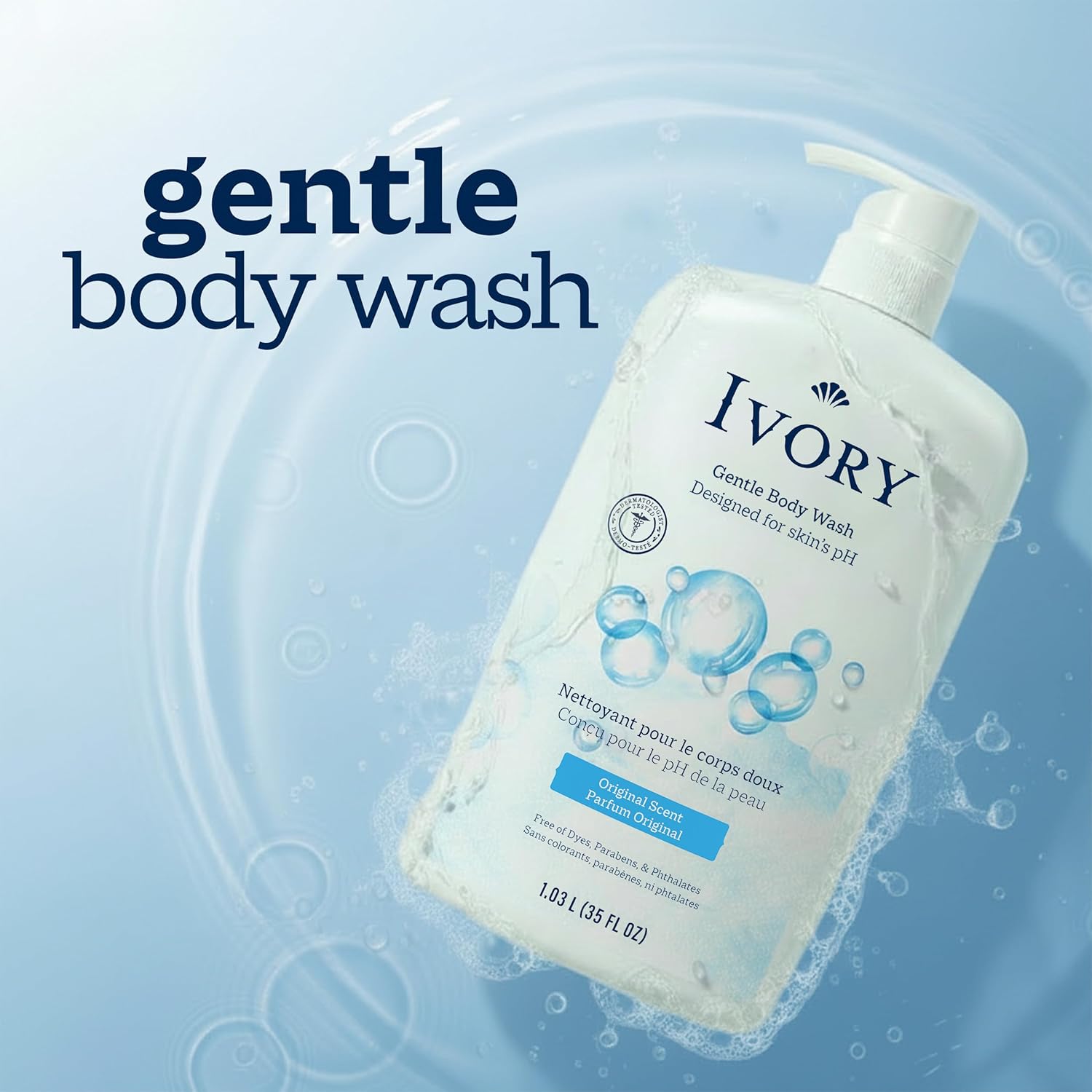 Ivory Body Wash, Designed for the Whole Family, Gentle Formula, Free of Dyes Heavy Perfumes Parabens Phthalates & Silicones, for Sensitive Skin, Designed for Skin's pH, Original Scent, 35 oz