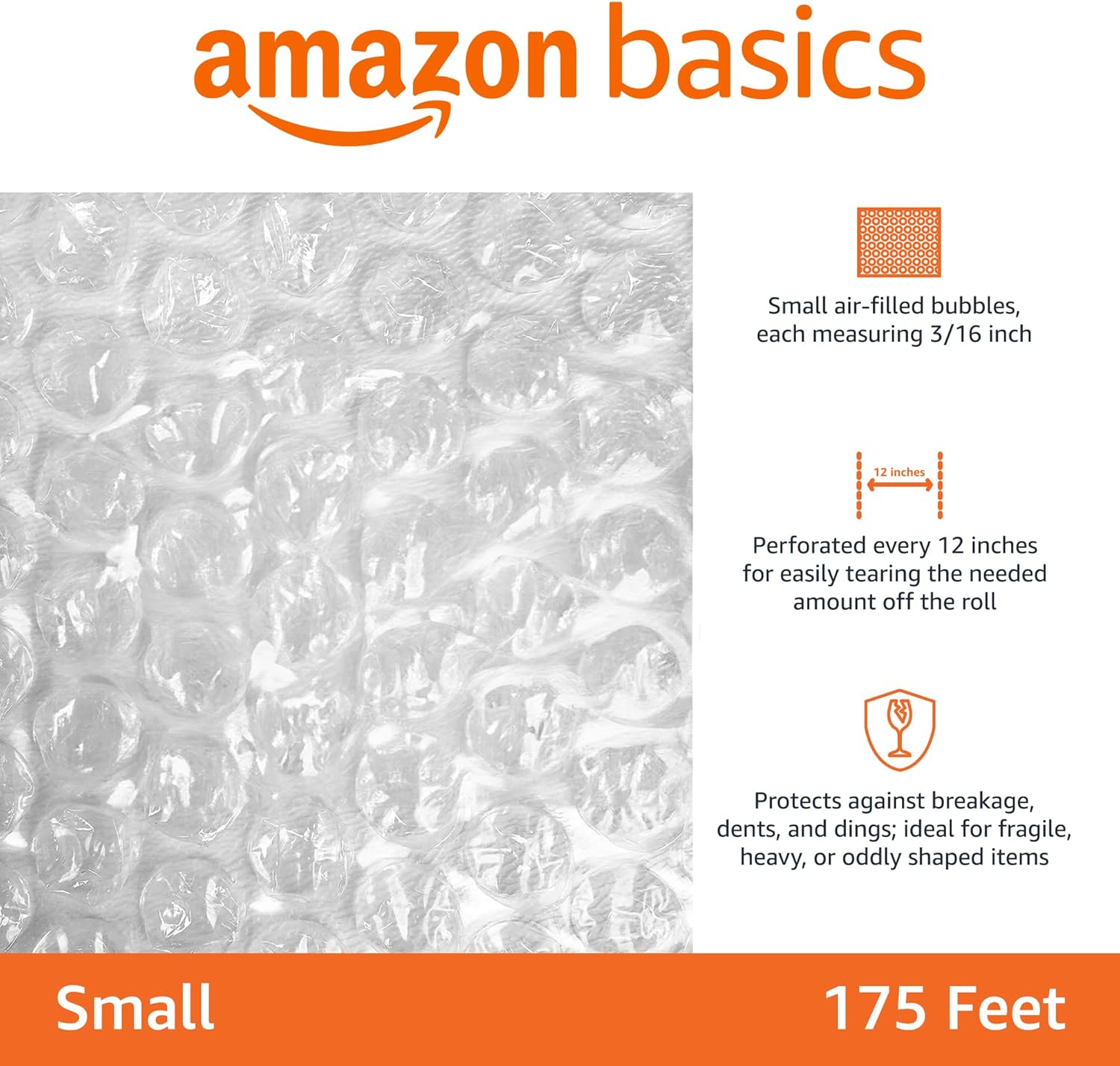 Amazon Basics Bubble Wrap for Moving, Packing, Shipping and Storage, Perforated Protective Cushioning for Fragile Items, 12-inch x 175-ft Long Roll, Small 3/16", Clear