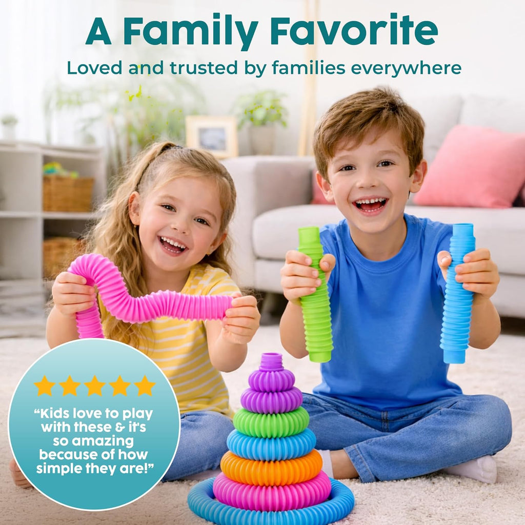 BUNMO Pop Tubes - Sensory Toys - Fidget Toys - Imaginative Play & Stimulating Creative Learning - Hours of Fun for Kids - Tons of Ways to Play - Non-Mouthable Toy 3+ - 4 Pack Large