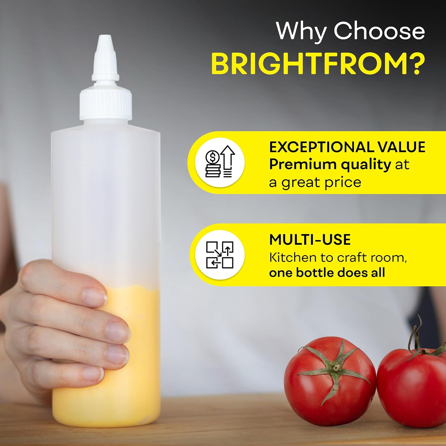 BRIGHTFROM Condiment Squeeze Bottles, 16 OZ Empty Squirt Bottle with Twist Top Cap, Leak Proof - Great for Ketchup, Mustard, Syrup, Sauces, Dressing, Oil, Arts and Crafts, BPA FREE Plastic - 2 PACK