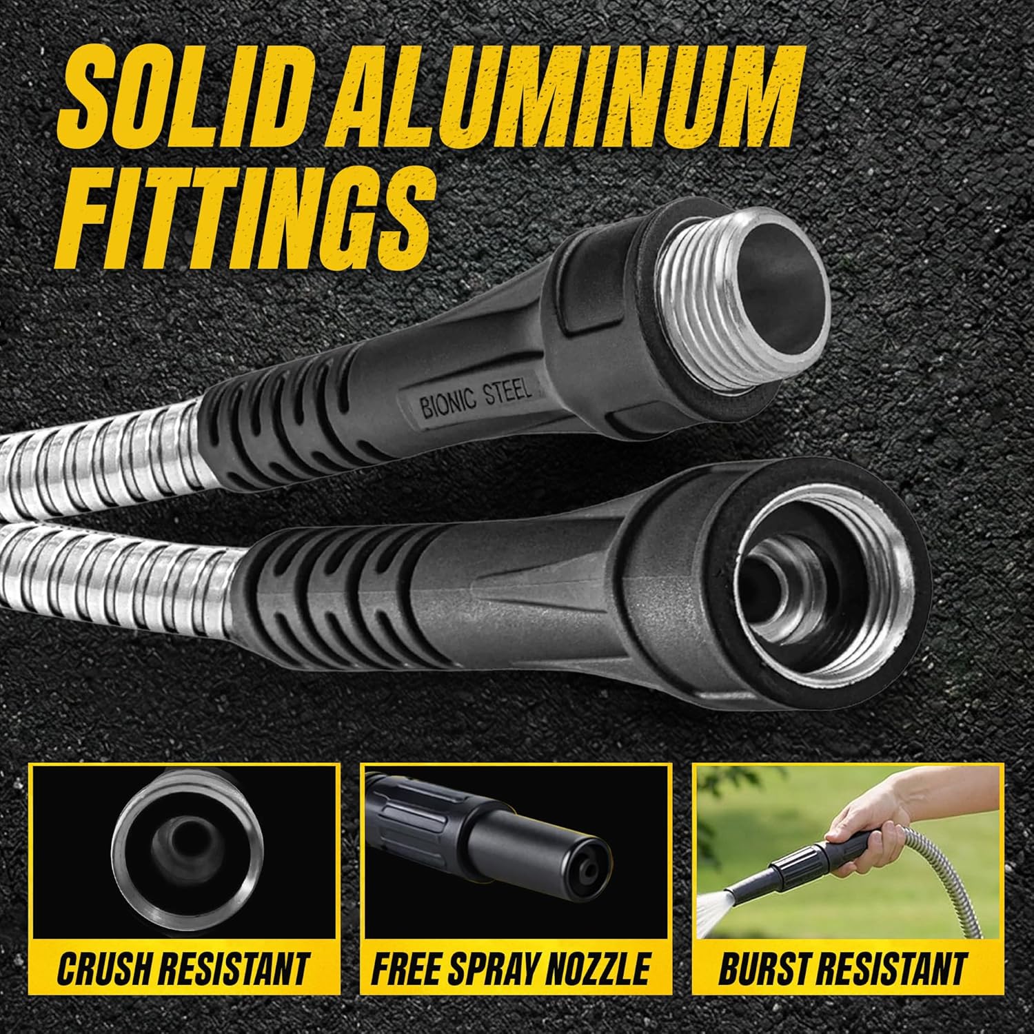 BIONIC STEEL 100 Ft Metal Garden Hose with Sprayer Nozzle, Non Kinking Designed Stainless Steel Heavy Duty Water Hose 100 Ft x 5/8 in. Flexible NON Expandable for Uninterrupted Water Flow, 500 PSI