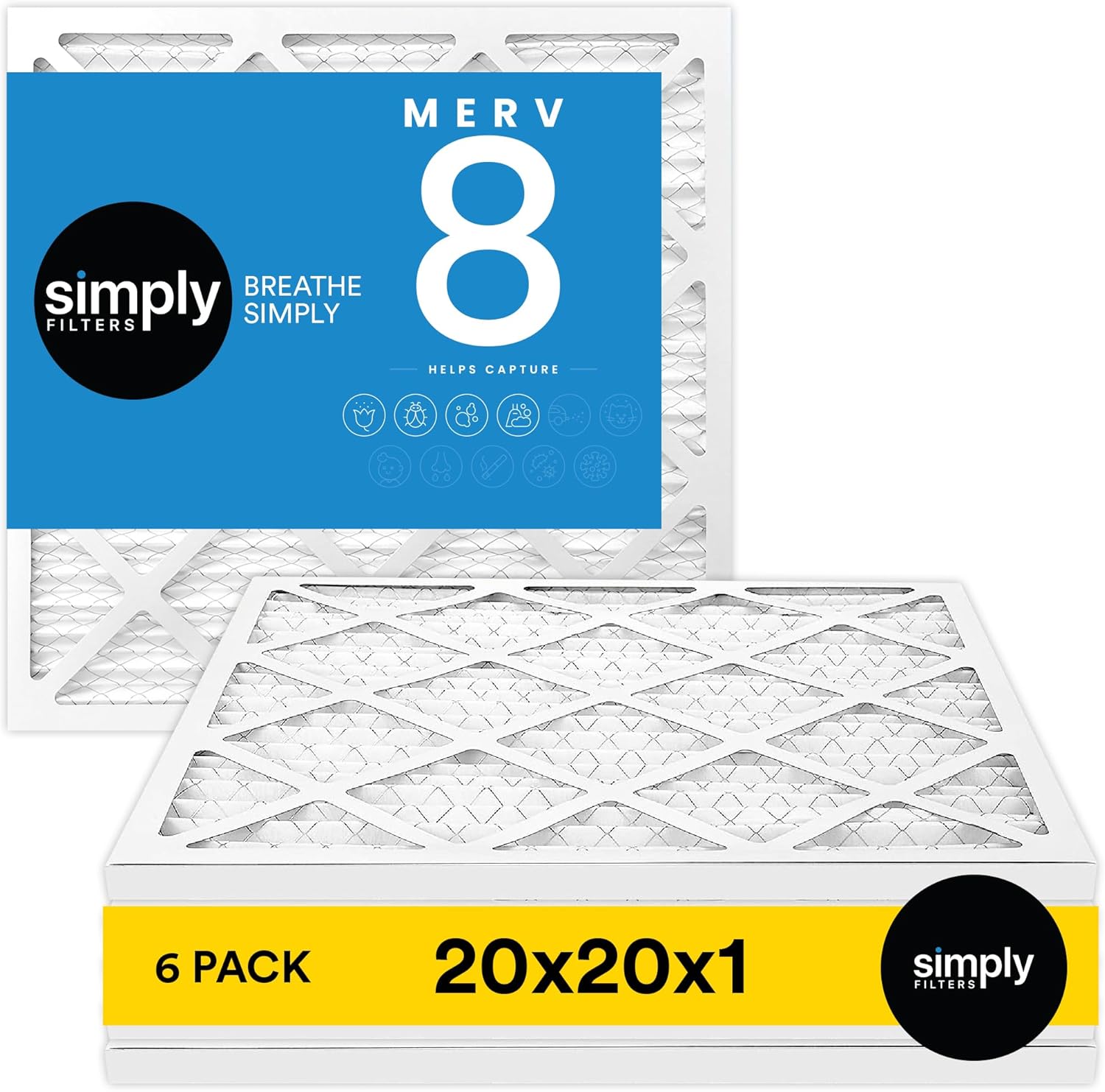 Simply 20x20x1 Air Filter, Merv 8, MPR 600, 6 Pack, Furnace Air Filter for HVAC (Actual Size: 19.75"x19.75"x0.75") DUST, Pet, & Allergy Control