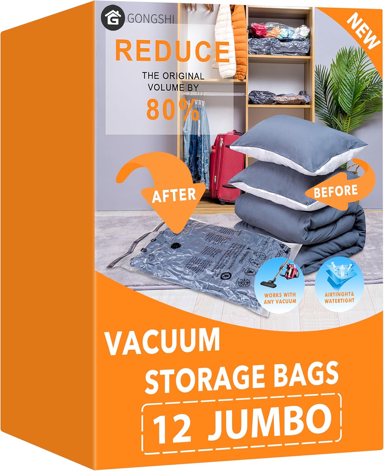 GONGSHI Vacuum Storage Bags, Space Saver Seal Bags For Clothing, Travel Luggage,Blankets, Comforters, Pillows, Clothes Storage.12 Jumbo