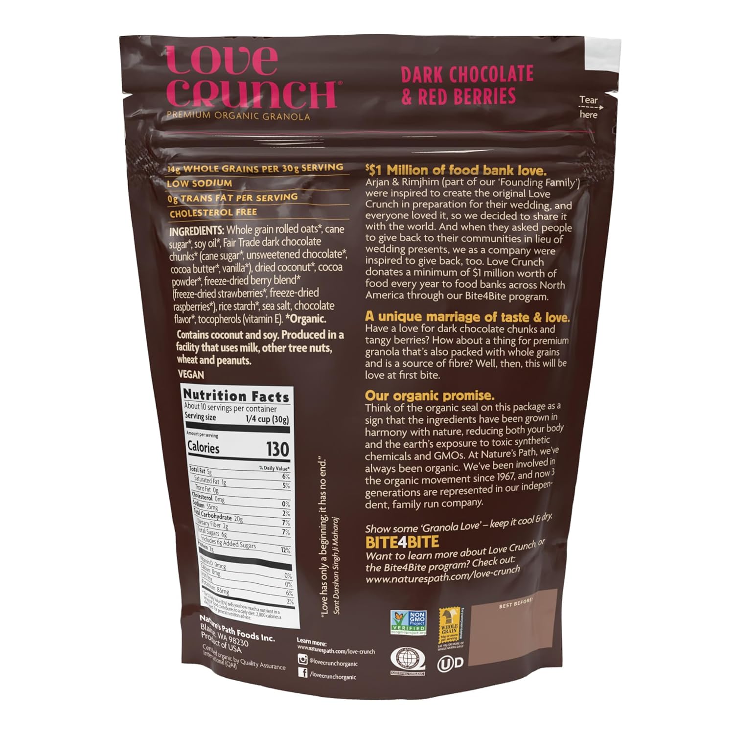 Love Crunch Organic Dark Chocolate & Red Berries Granola, 11.5 oz (Pack of 1), Vegan, Non-GMO, Fair Trade, by Nature's Path