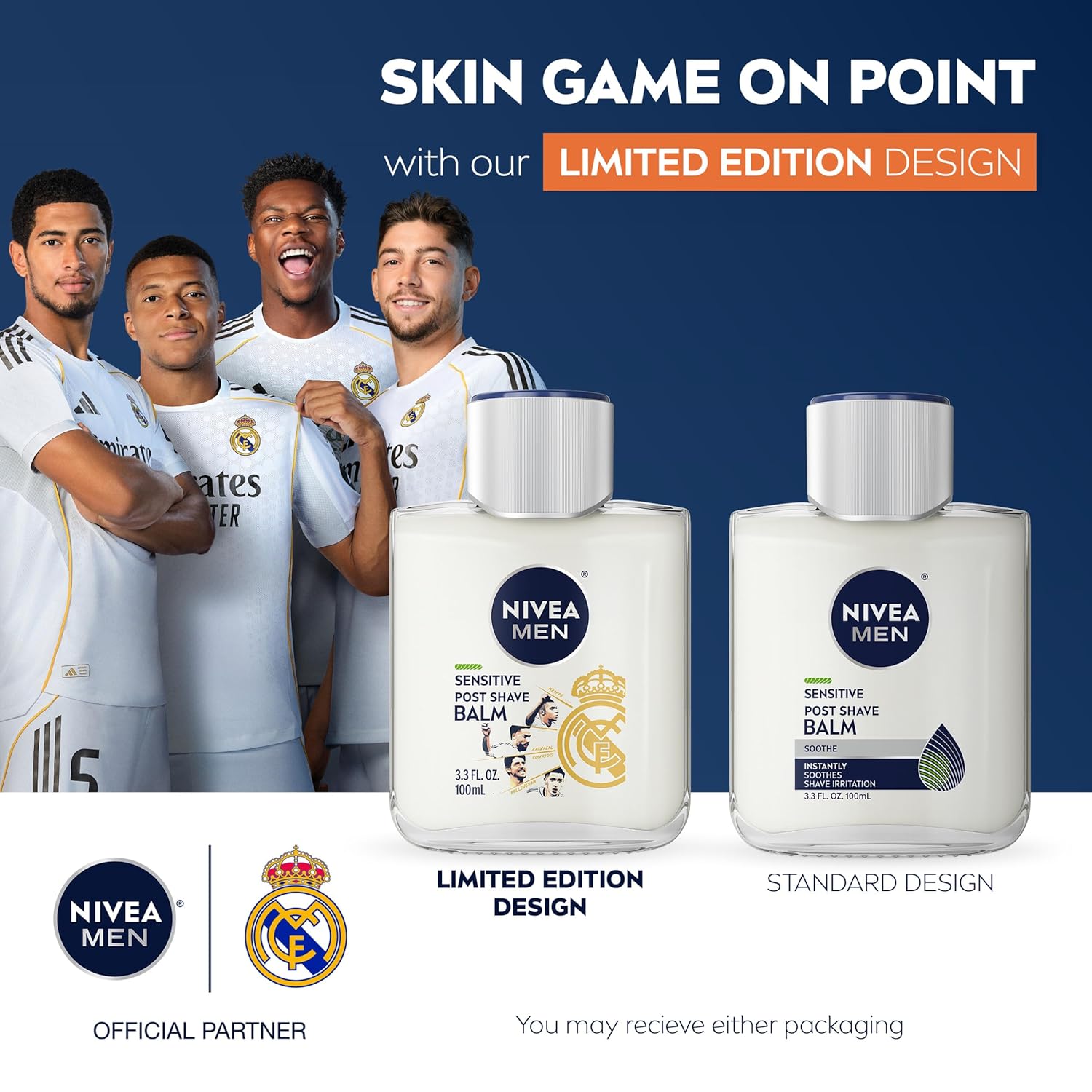 NIVEA MEN Real Madrid Limited Edition Design Sensitive Post Shave Balm, with VitaminPro Complex, Alcohol Free After Shave Balm for Men, 3.3 Fl Oz Bottle