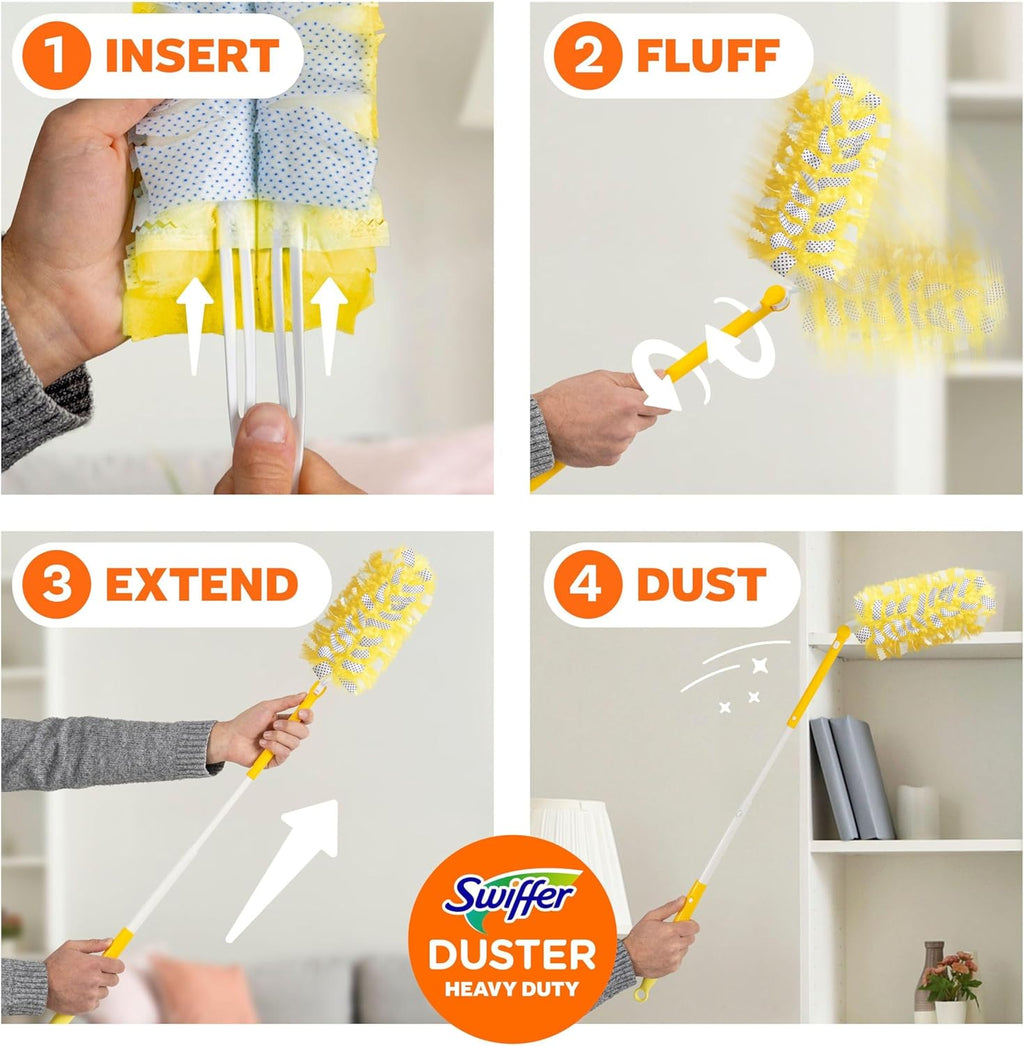 Swiffer Duster Kit with 3 ft Extendable Handle, Heavy Duty Dusting Starter Kit with 12 Refills, for Ceiling Fans, Vents and Hard to Reach Places