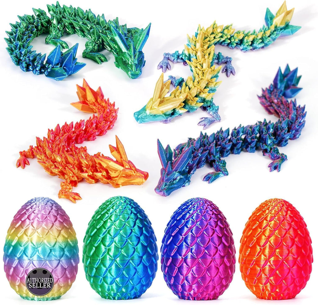 TBOLINE 4PCS 3D Printed Dragon Egg, Easter Basket Stuffers for Kids, Prefilled Easter Eggs with Toys Stuffed Egg Hunt Fillers, 3D-Printer Animals Fidget Toys Small Dinosaur Eggs for Kids Boys