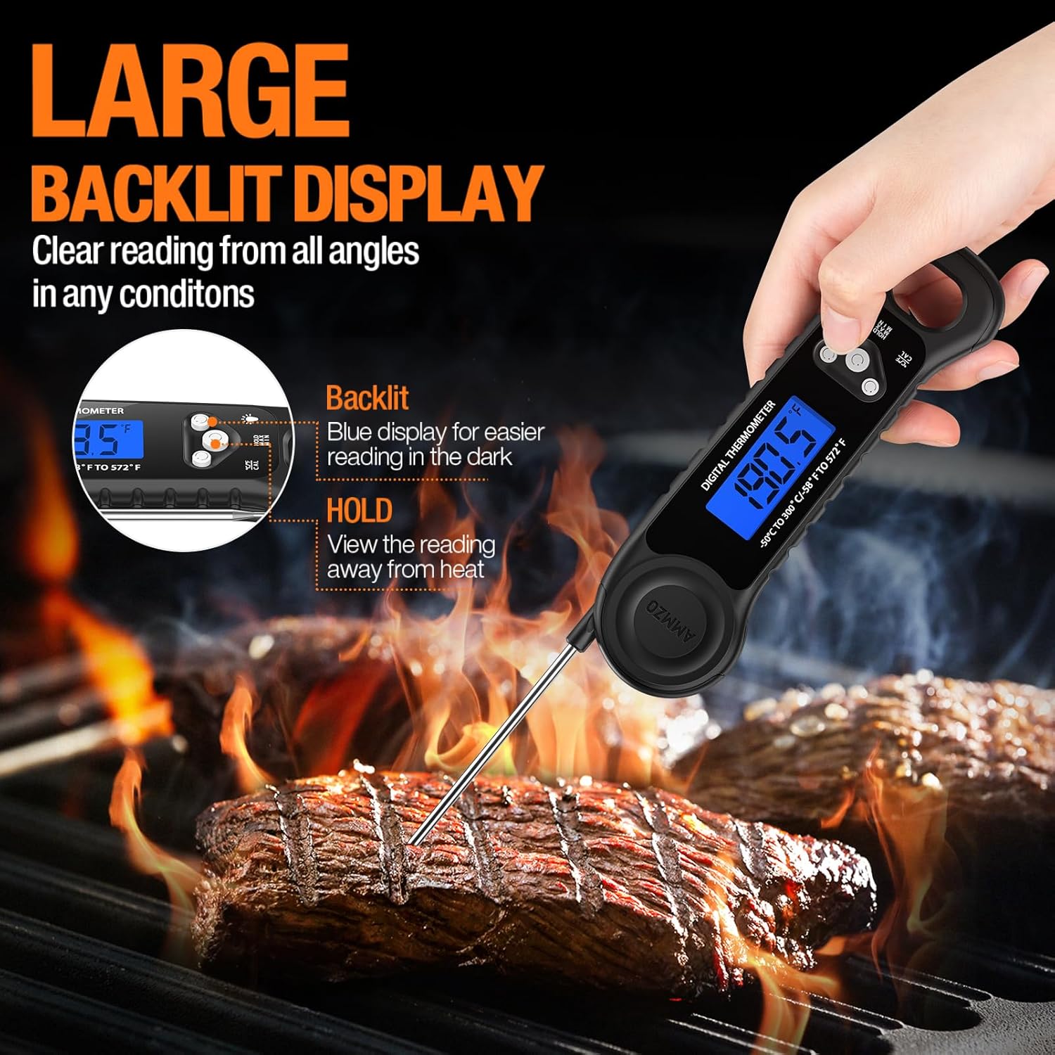 AMMZO Meat Thermometer Digital, Instant Read Food Thermometer for Cooking, Grilling, Baking, Frying & Candy Making, Essentials Kitchen Gadgets Accessory, Gifts for Men Women Dad Mom Birthday