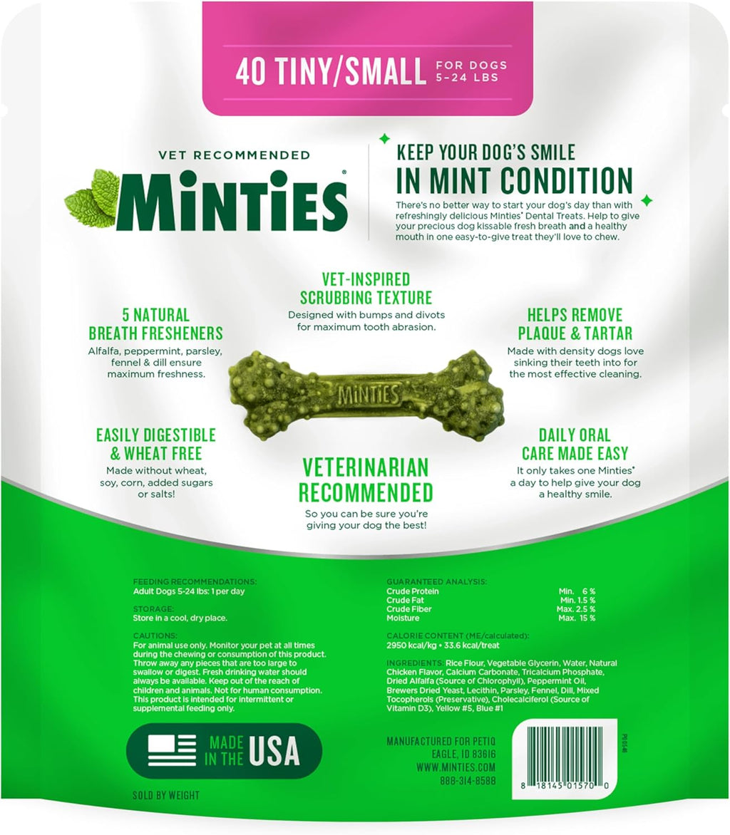 Minties Dog Dental Bone Treats, Tiny/Small Dental Dog Treats, 16 Ounces, Cleans Teeth, Fight Bad Breath, Removes Plaque and Tartar, 40 Count