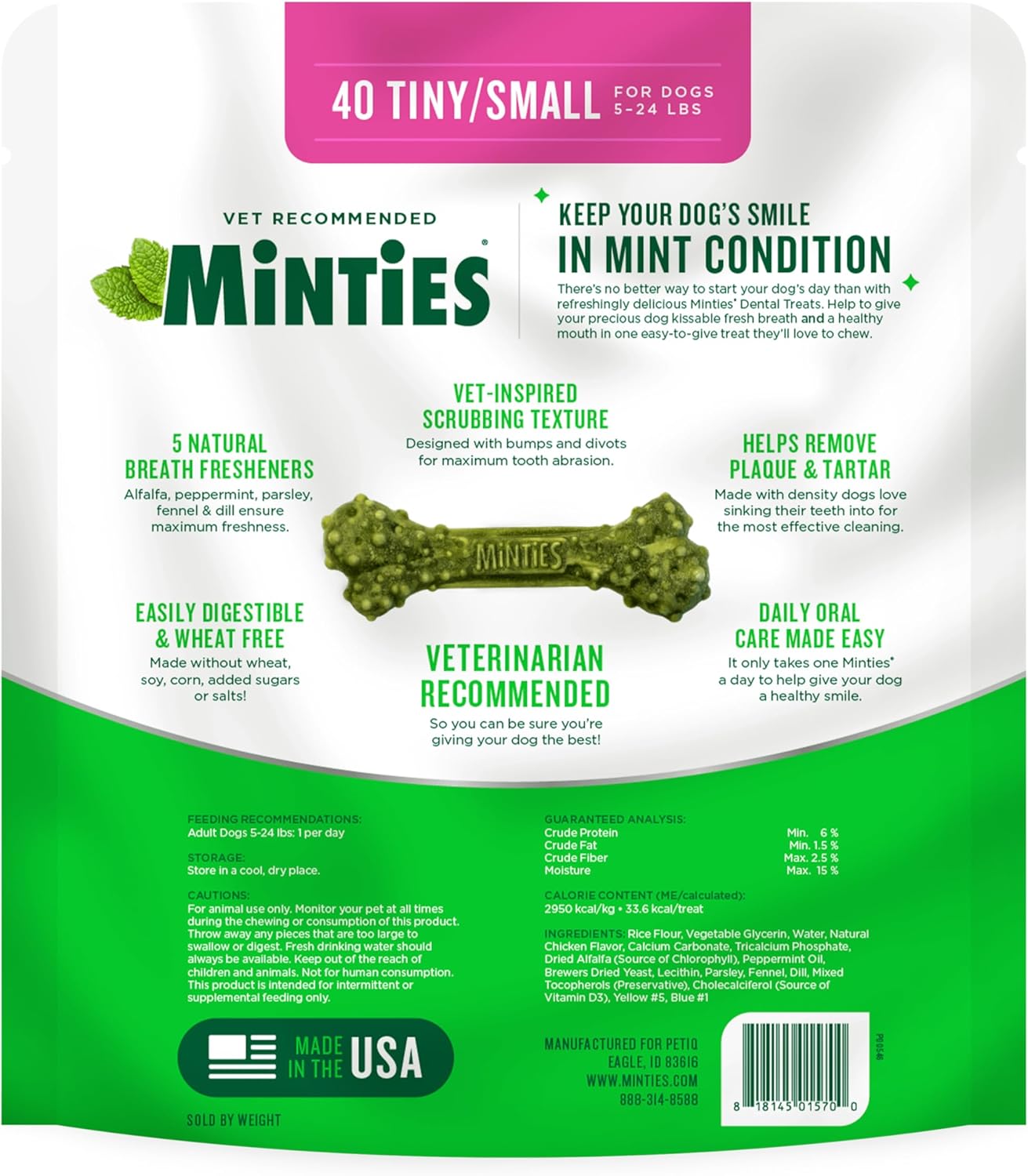 Minties Dog Dental Bone Treats, Tiny/Small Dental Dog Treats, 16 Ounces, Cleans Teeth, Fight Bad Breath, Removes Plaque and Tartar, 40 Count