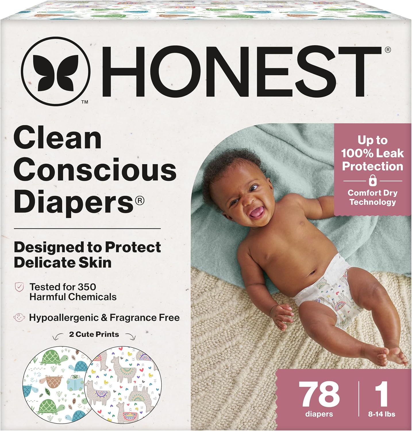 The Honest Company Comfort Dry Disposable Diapers for Sensitive Skin, Hypoallergenic, All The Alpacas + Turtle Time, Club Box Size 1 (8-14 lbs) 78 Count