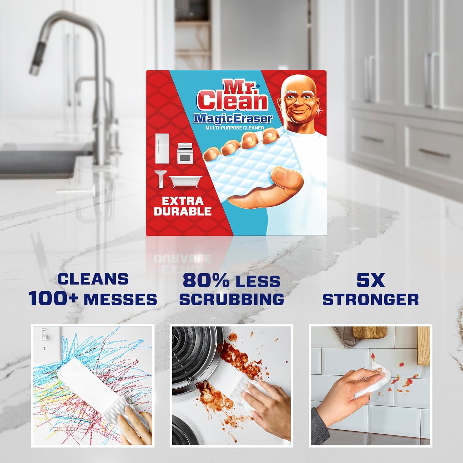 Mr. Clean Magic Eraser Sponge, All Purpose Cleaner, Cleaning Scrubber, Wall, Sneaker, Kitchen, Bathroom, Shower Cleaner, Cleaning Supplies, Melamine Sponge, Cleaning Pads, Extra Durable, 10ct