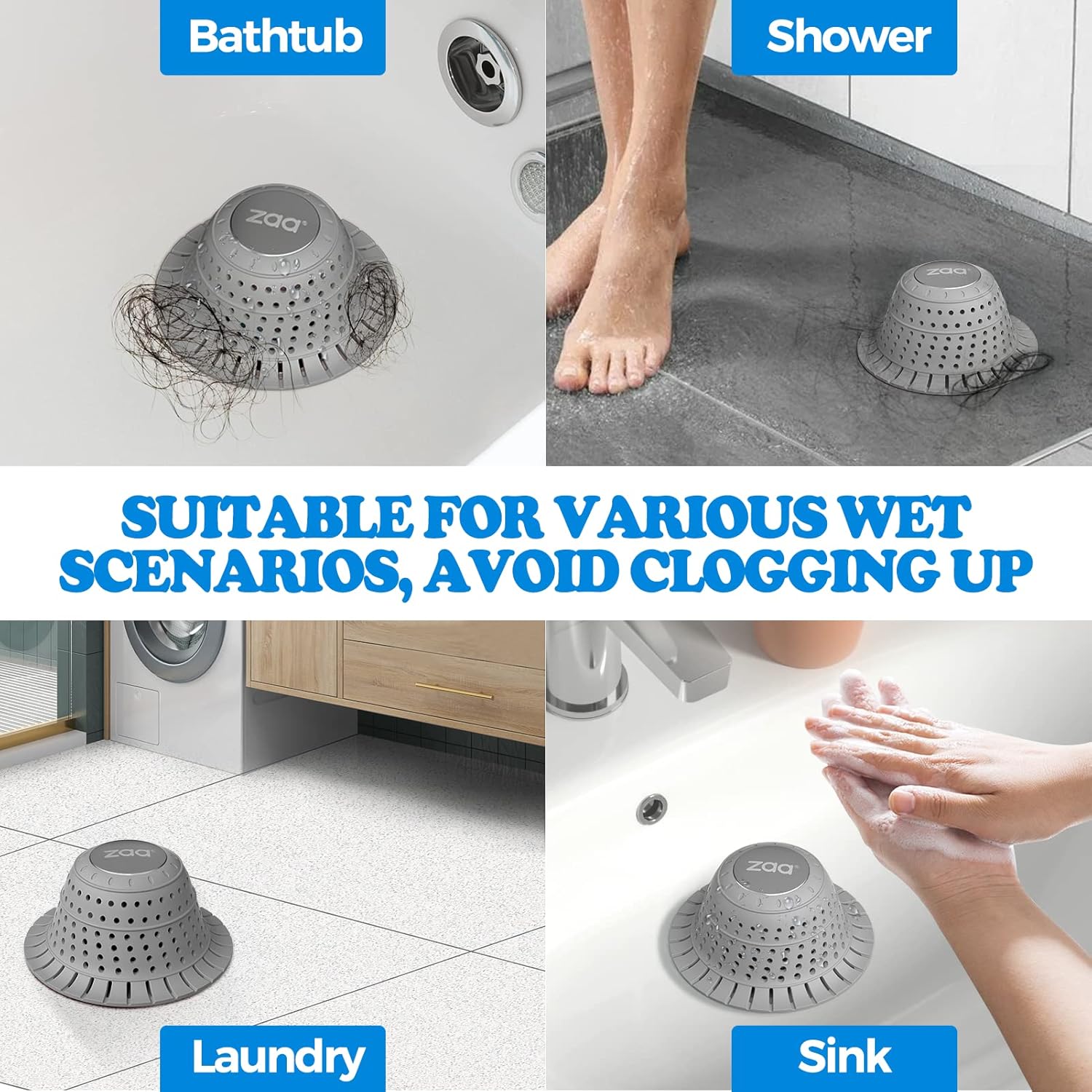 zaa Bathtub Drain Hair Catcher, Premium Silicone Shower Hair Catcher, 1Pack Collapsible Hair Stopper for Pop Up and Regular Drains of Shower, Bathtub, Bathroom Sink, Bathroom Fixture Accessories, Gray