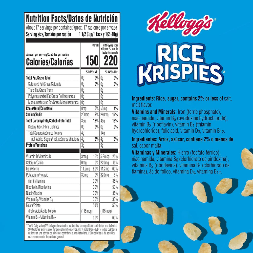 Kellogg's Rice Krispies Cold Breakfast Cereal, 8 Vitamins and Minerals, Rice Krispies Treats, Giant Size, Original, 24oz Box (1 Box)