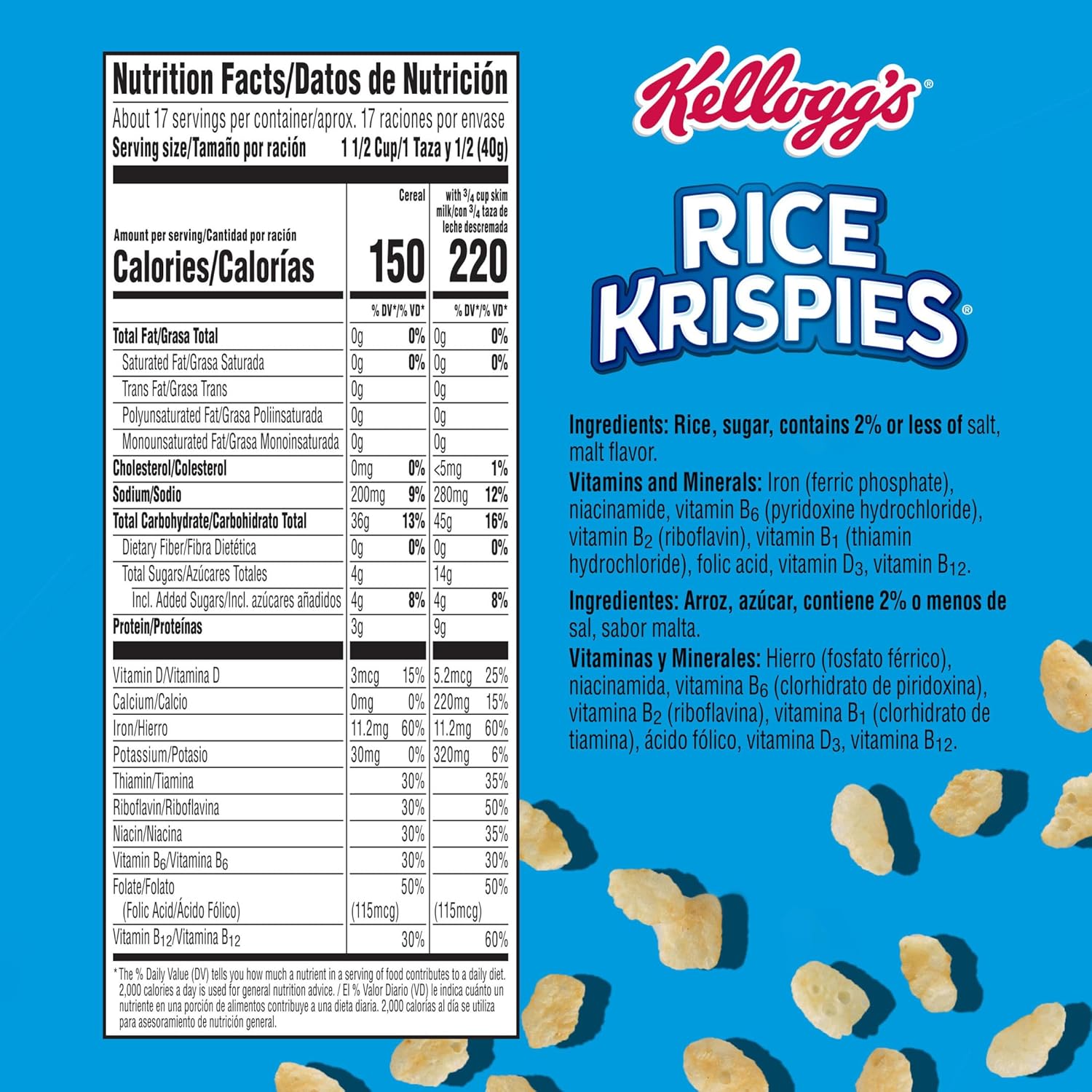 Kellogg's Rice Krispies Cold Breakfast Cereal, 8 Vitamins and Minerals, Rice Krispies Treats, Giant Size, Original, 24oz Box (1 Box)