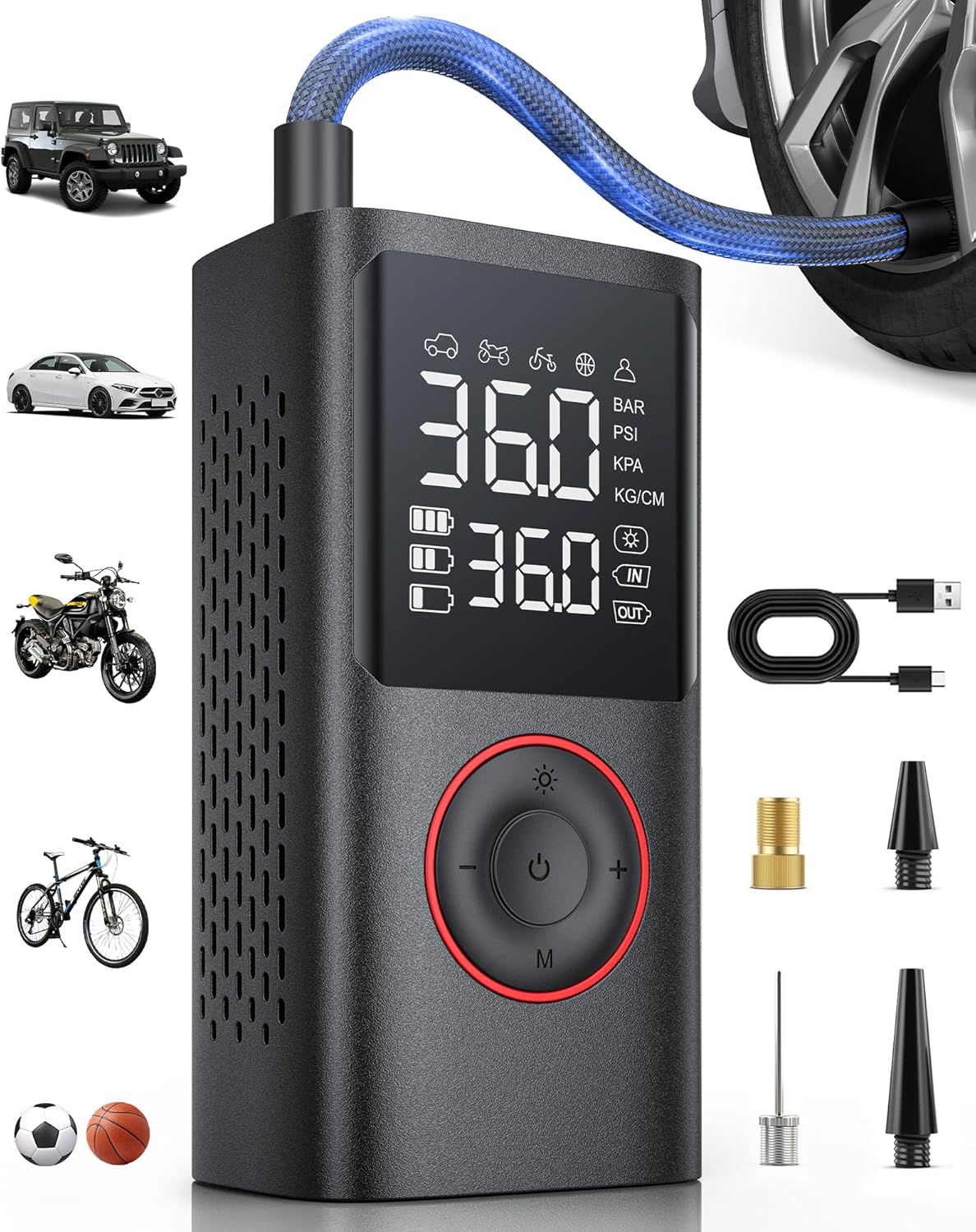Powools Tire Inflator Portable Air Compressor, 150 PSI Cordless Bike Pump, Air Pump for Auto, Motorcycle, Bicycle, Balls with Pressure Gauge, LED Light & Car Accessories, Black, Standard Capacity