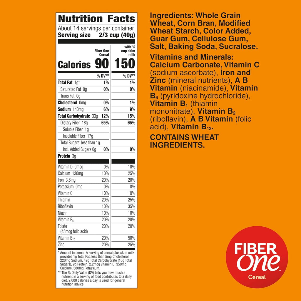 Fiber One Cereal, Original Bran, High Fiber Cereal Made with Whole Grain, 19.6 oz