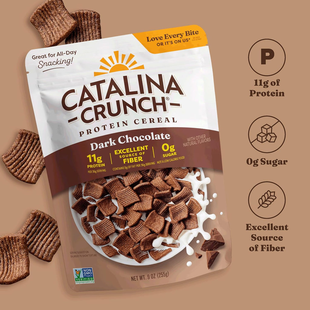 Catalina Crunch Protein Cereal - Sugar Free Breakfast Cereal with 11g of Protein - Gluten Free - Dark Chocolate - 9 oz. Bag (Pack of 1) (Packaging May Vary)