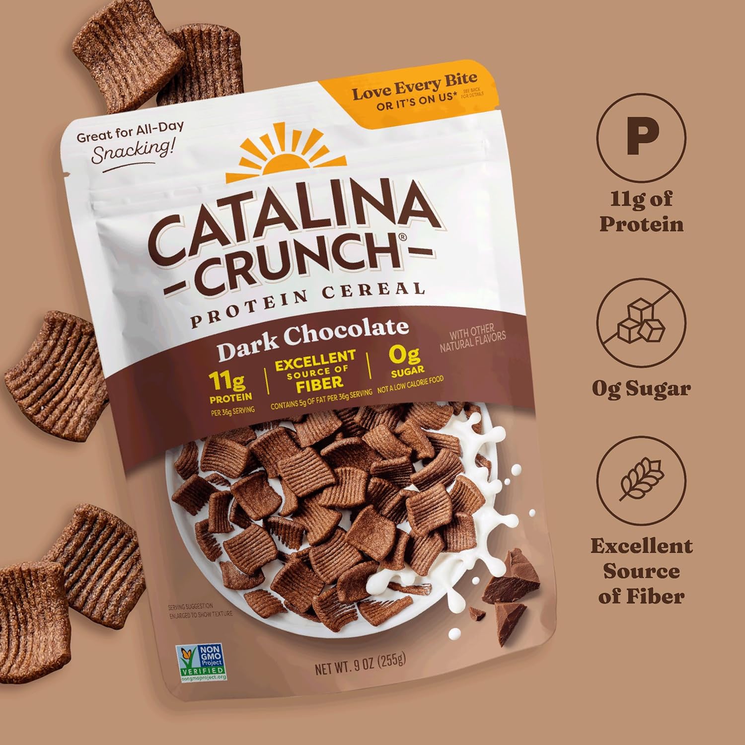 Catalina Crunch Protein Cereal - Sugar Free Breakfast Cereal with 11g of Protein - Gluten Free - Dark Chocolate - 9 oz. Bag (Pack of 1) (Packaging May Vary)