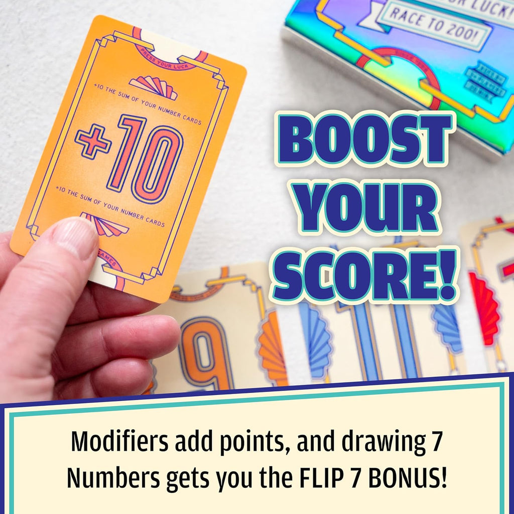 USAOPOLY Flip 7, The Ultimate Blend of Press Your Luck & Strategy, Fast-Paced Addictive Card Game,Quick to Learn & Easy to Teach,Perfect for Game Nights, 3+ Players, Ages 8 & Up, 20 Minutes Play Time