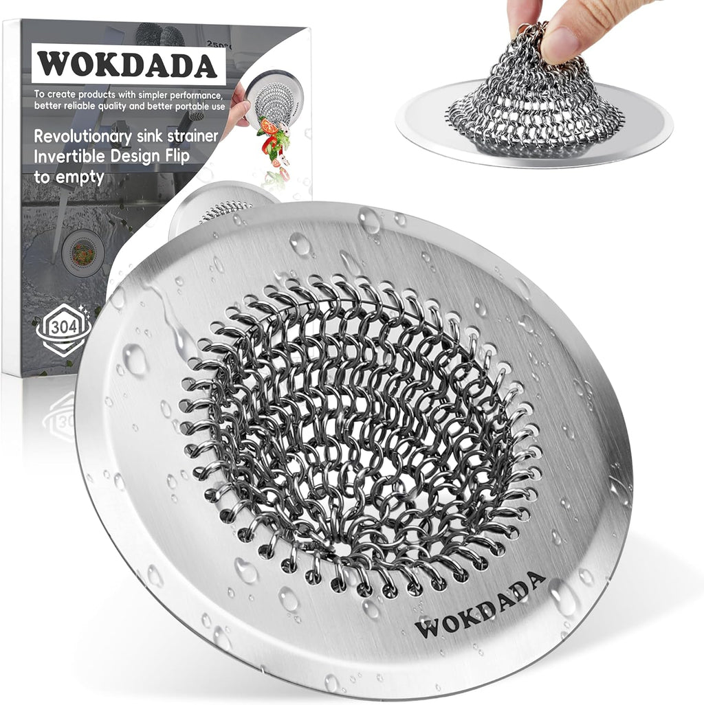 Revolutionary Kitchen Sink Drain Strainer/Patented Reversible Chain Mesh, Effortless Cleaning & Debris Catcher, Large Capacity, No Clog, 304 Stainless Steel & Rust-Proof/Handmade
