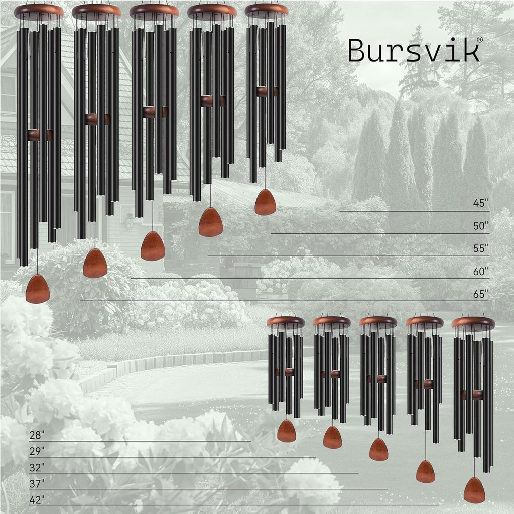Bursvik Large Aluminium Wind Chimes 37" to Create a Zen Atmosphere Suitable for Outdoor, Garden, Patio Decoration. Classic Black Wind Chime with Wind Catcher Suitable as A Gift for Mom Neighbor Unisex
