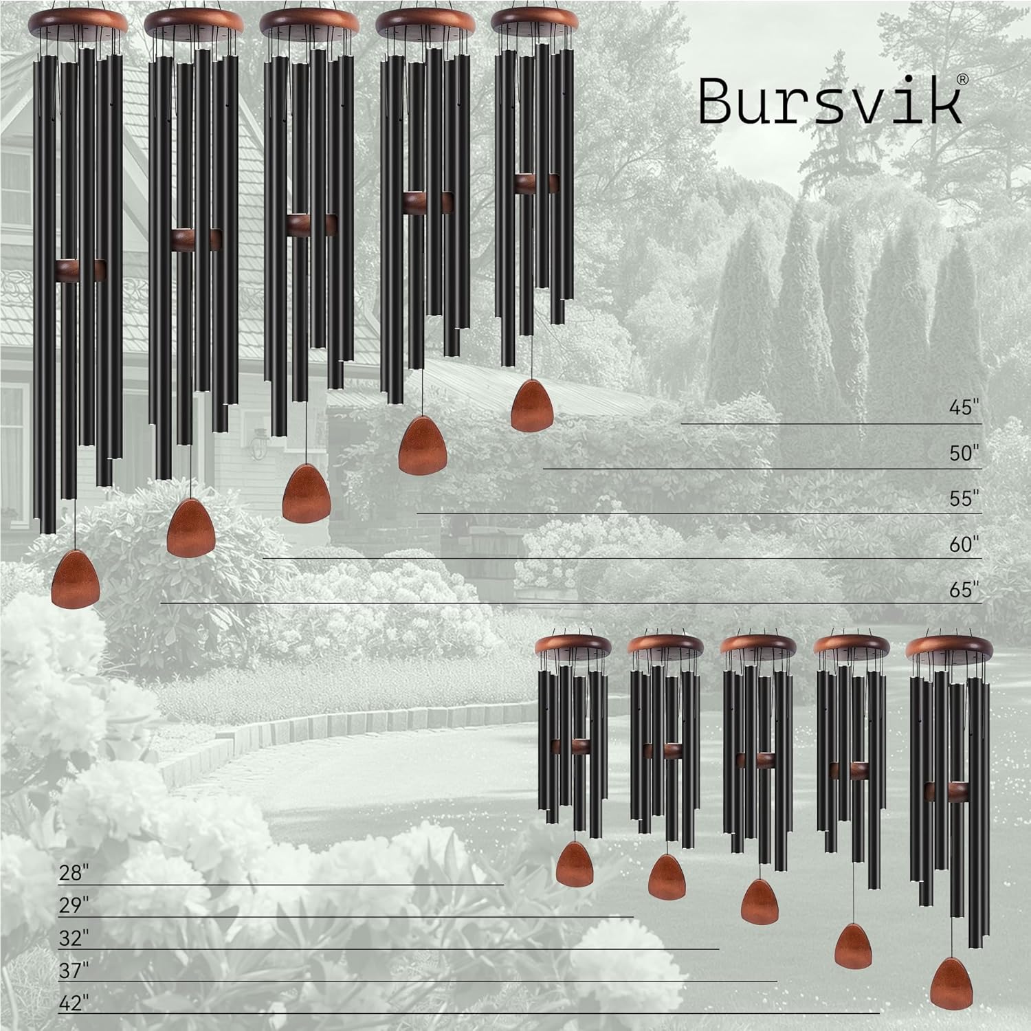 Bursvik Large Aluminium Wind Chimes 37" to Create a Zen Atmosphere Suitable for Outdoor, Garden, Patio Decoration. Classic Black Wind Chime with Wind Catcher Suitable as A Gift for Mom Neighbor Unisex