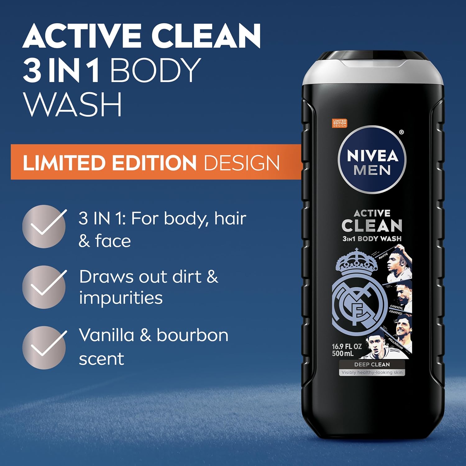 NIVEA MEN Real Madrid Limited Edition Design Active Clean Body Wash with Natural Charcoal for Normal to Oily Skin, 3-in-1 Charcoal Body Wash, Face and Hair, 16.9 Fl Oz Bottle, Pack of 3