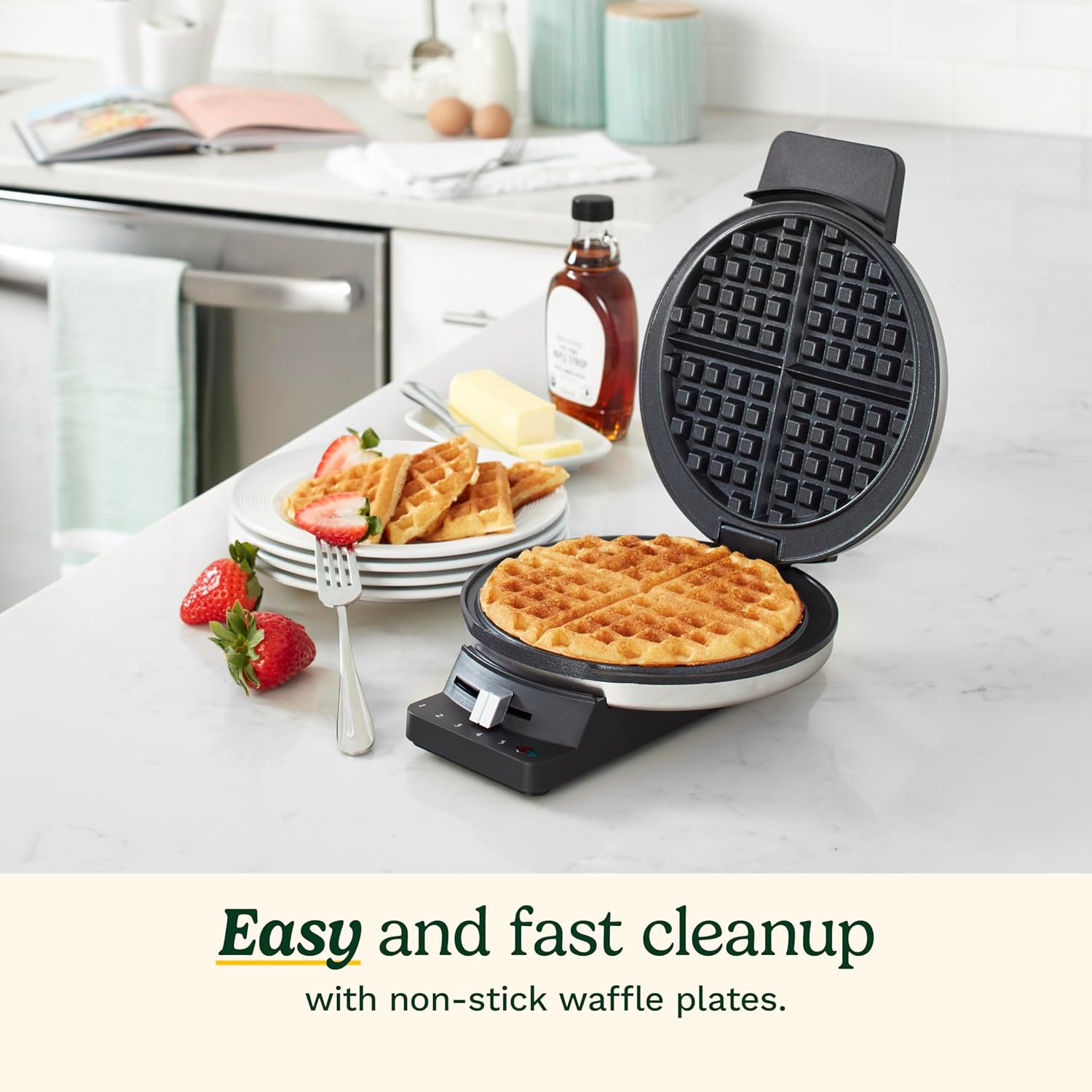 Cuisinart Waffle Maker, 1250W Round Classic Waffle Iron, 5-Setting Adjustable Browning Control, WMR-CANAS, Brushed Stainless