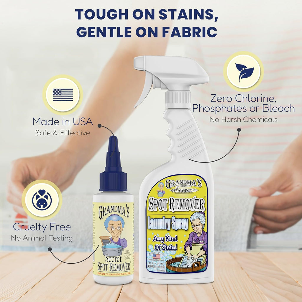 Grandma's Secret Spot Remover Laundry Spray - Chlorine, Bleach and Toxin-Free for Clothes - Fabric Stain Remover Removes Oil, Paint, Blood and Pet Stains - 16 oz & 2 oz Combo, DuoPack