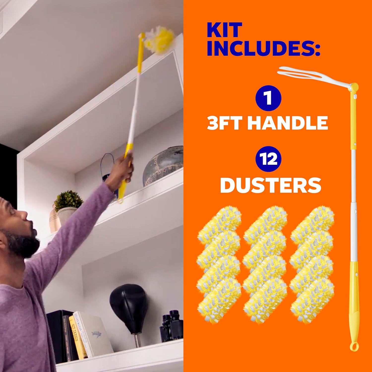 Swiffer Duster Kit with 3 ft Extendable Handle, Heavy Duty Dusting Starter Kit with 12 Refills, for Ceiling Fans, Vents and Hard to Reach Places