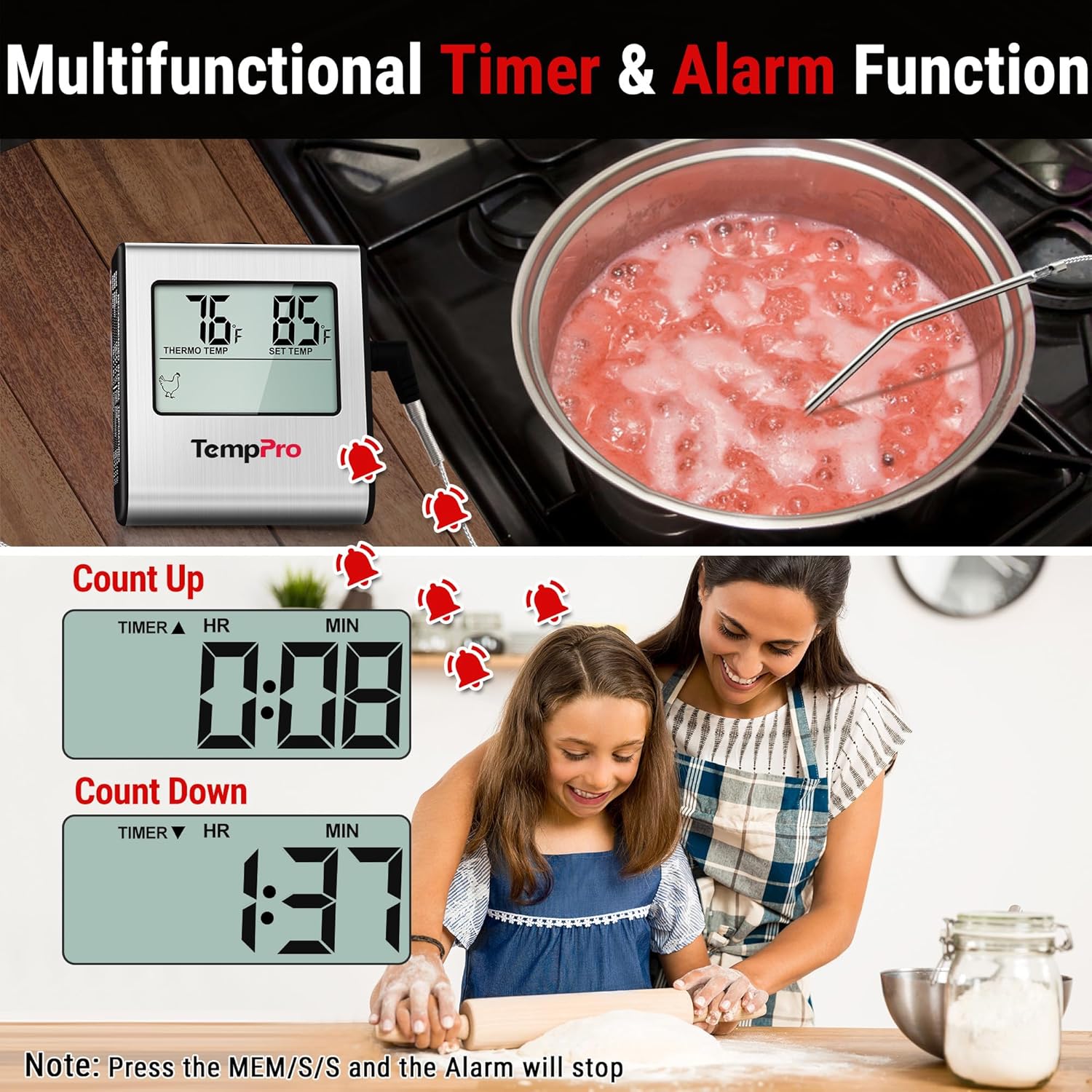 TempPro TP16 Large LCD Digital Cooking Food Meat Thermometer for Smoker Oven Kitchen BBQ Grill Thermometer Clock Timer with Stainless Steel Temperature Probe(Previously ThermoPro)