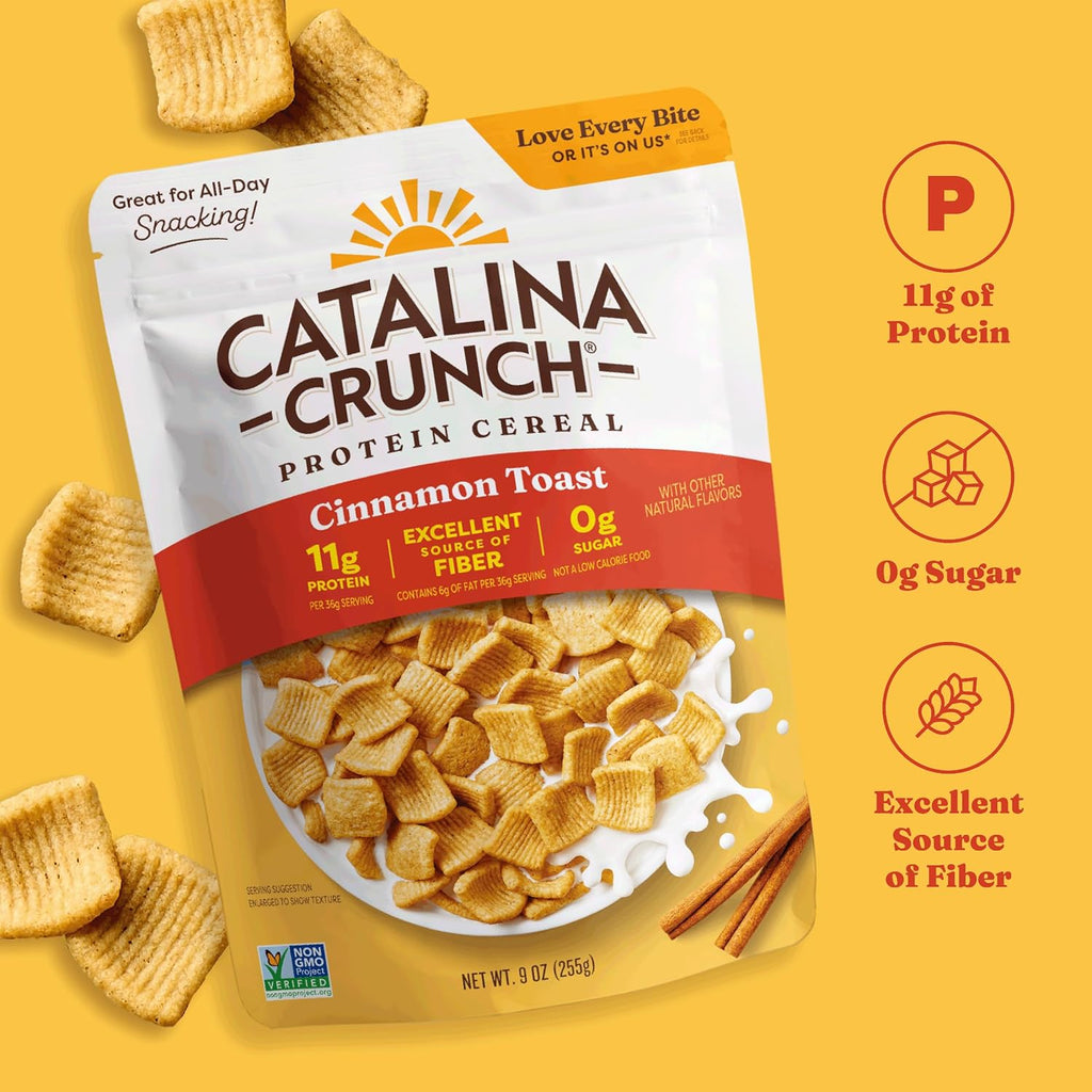Catalina Crunch Protein Cereal | Sugar Free Breakfast Cereal with 11g of Protein | Gluten Free, Excellent Source of Fiber | Cinnamon Toast - 9 oz. Bag (Pack of 1) (Packaging May Vary)