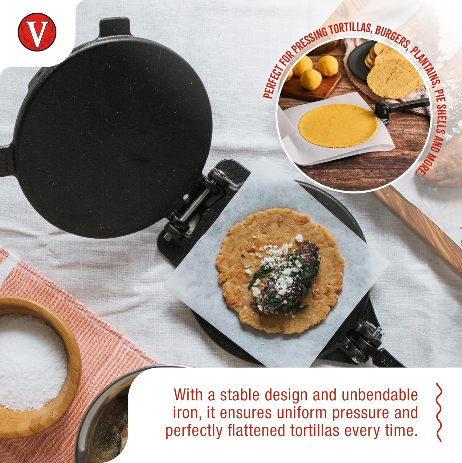 Victoria 8 Inches Cast Iron Tortilla Press, Roti Maker and Tortilladora, Pataconera Seasoned with Flaxseed Oil, Made in Colombia, Traditional Style, Black