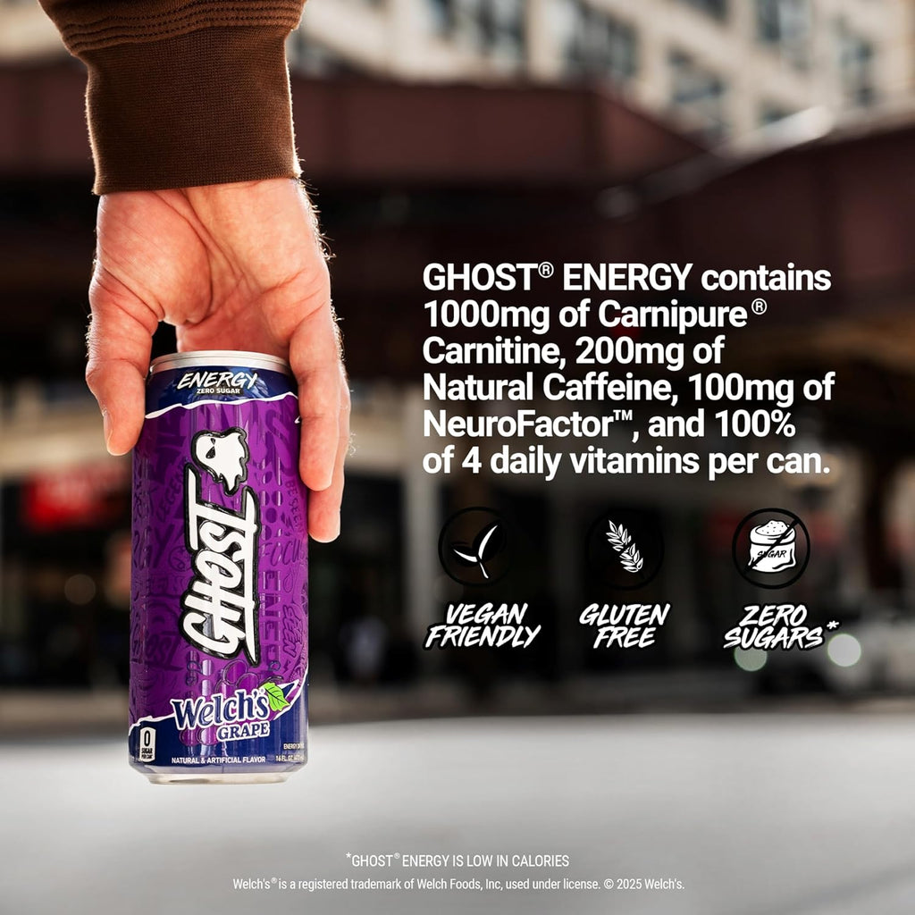 GHOST Energy Drink - 12-Pack, Welch's Grape, 16oz Cans - Energy & Focus & No Artificial Colors - 200mg of Natural Caffeine, L-Carnitine & Taurine - Gluten-Free & Vegan