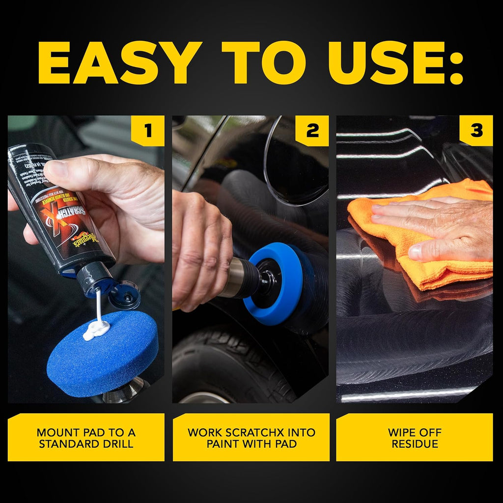 Meguiar's Quik Eraser Kit, Car Scratch Remover for Repairing Surface Blemishes, Car Scratch Repair Kit with ScratchX, Drill-Mounted Pad, and Microfiber Towel, 4 Count