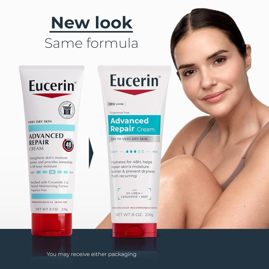 Eucerin Advanced Repair Body Cream for Very Dry Skin, Fragrance Free Daily Body Moisturizer, 8 Oz Tube