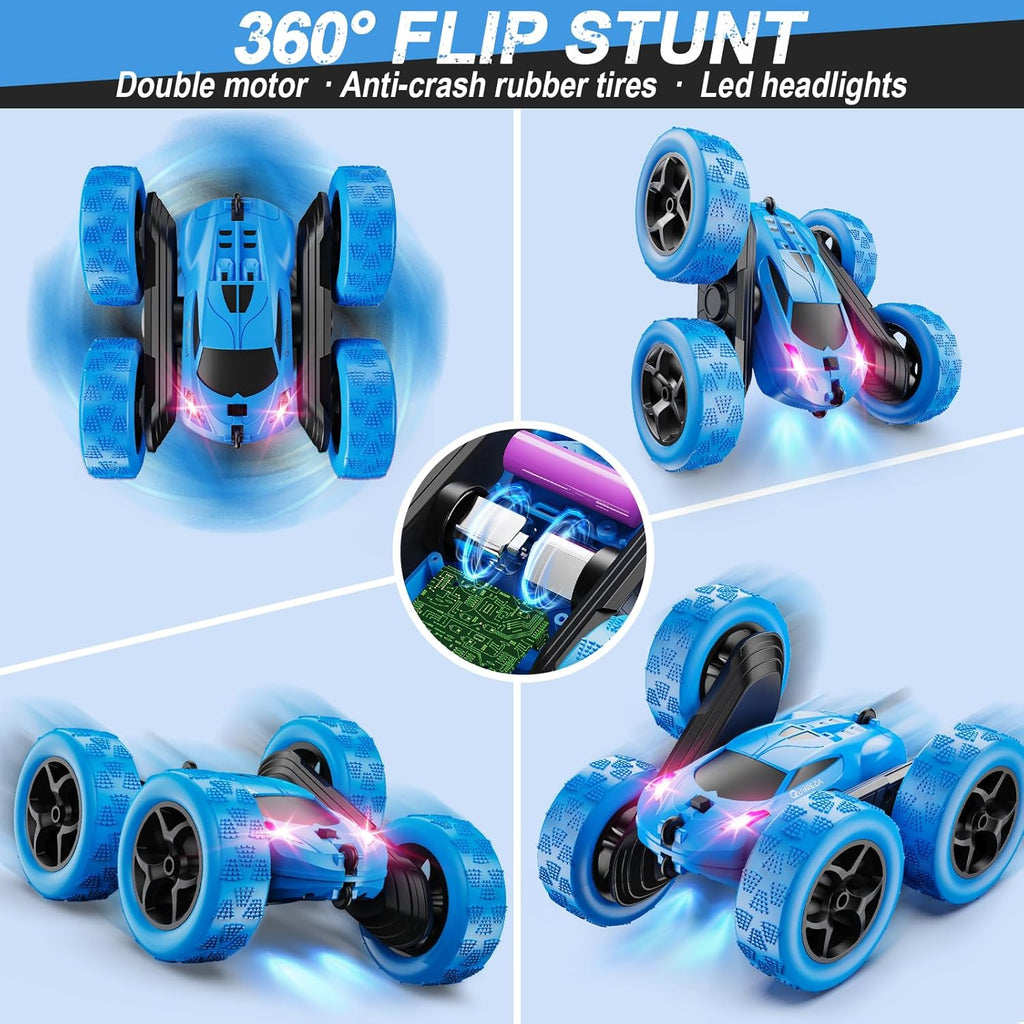 QUNREDA Remote Control Car, RC Cars Toys for Kids Ages 6-12, 4WD Stunt Car with LED Lights & 360° Flips, 2.4GHz, Upgraded USB-C Modular Batteries, 8-10 Year Old Boys Birthday Gift 1-Blue