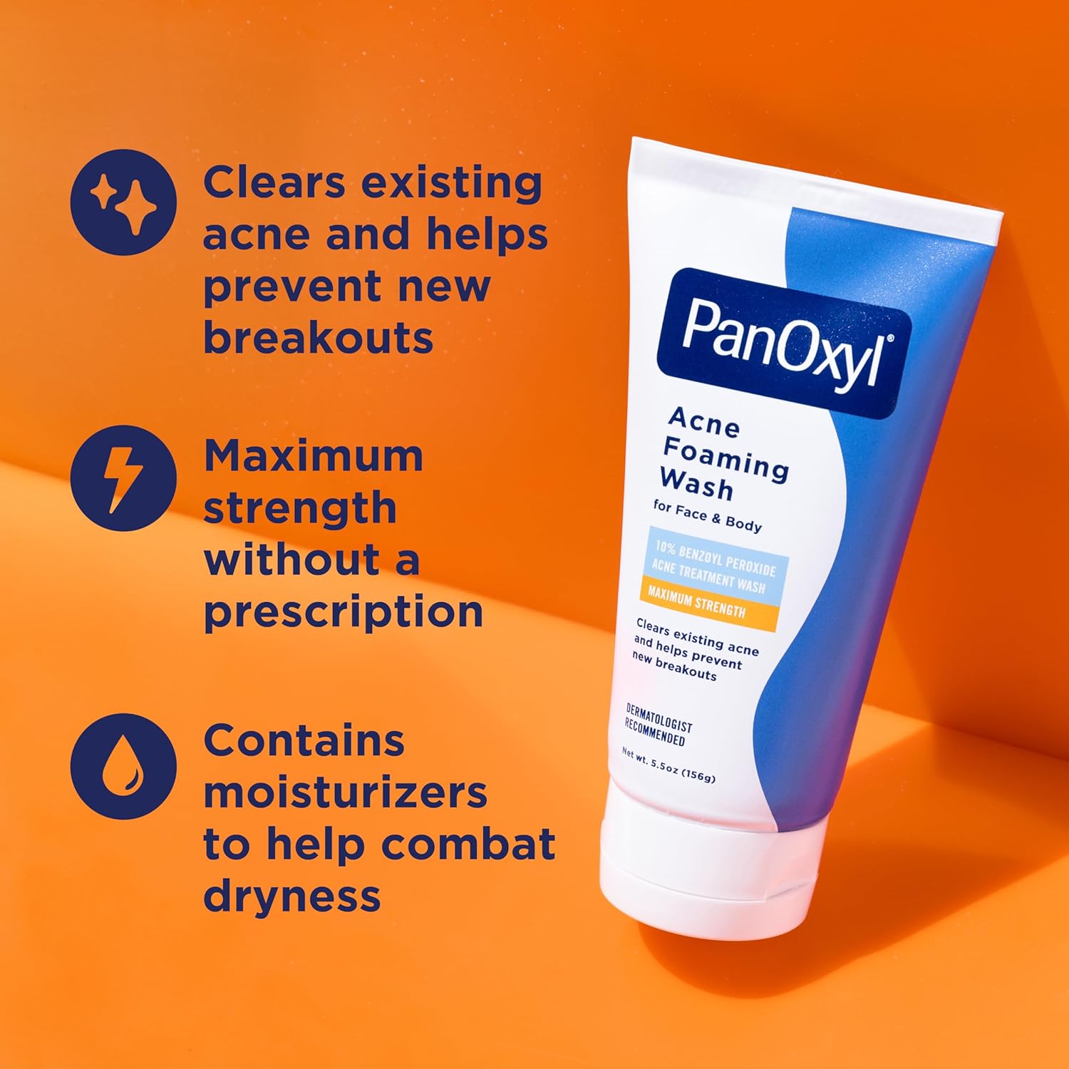 PanOxyl 10% Benzoyl Peroxide Acne Foaming Wash, Maximum Strength, Daily Acne-Fighting Face and Body Cleanser, Face Wash to Clear, Treat and Prevent Acne Pimples and Stubborn Breakouts, 5.5 Oz Tube