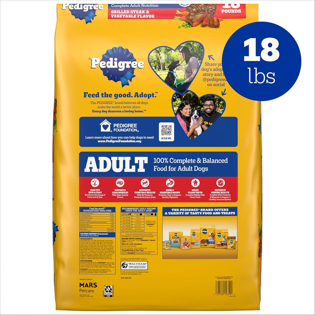 Pedigree Adult Dry Dog Food, Complete Nutrition, Grilled Steak & Vegetable Flavor, 18 lb. Bag